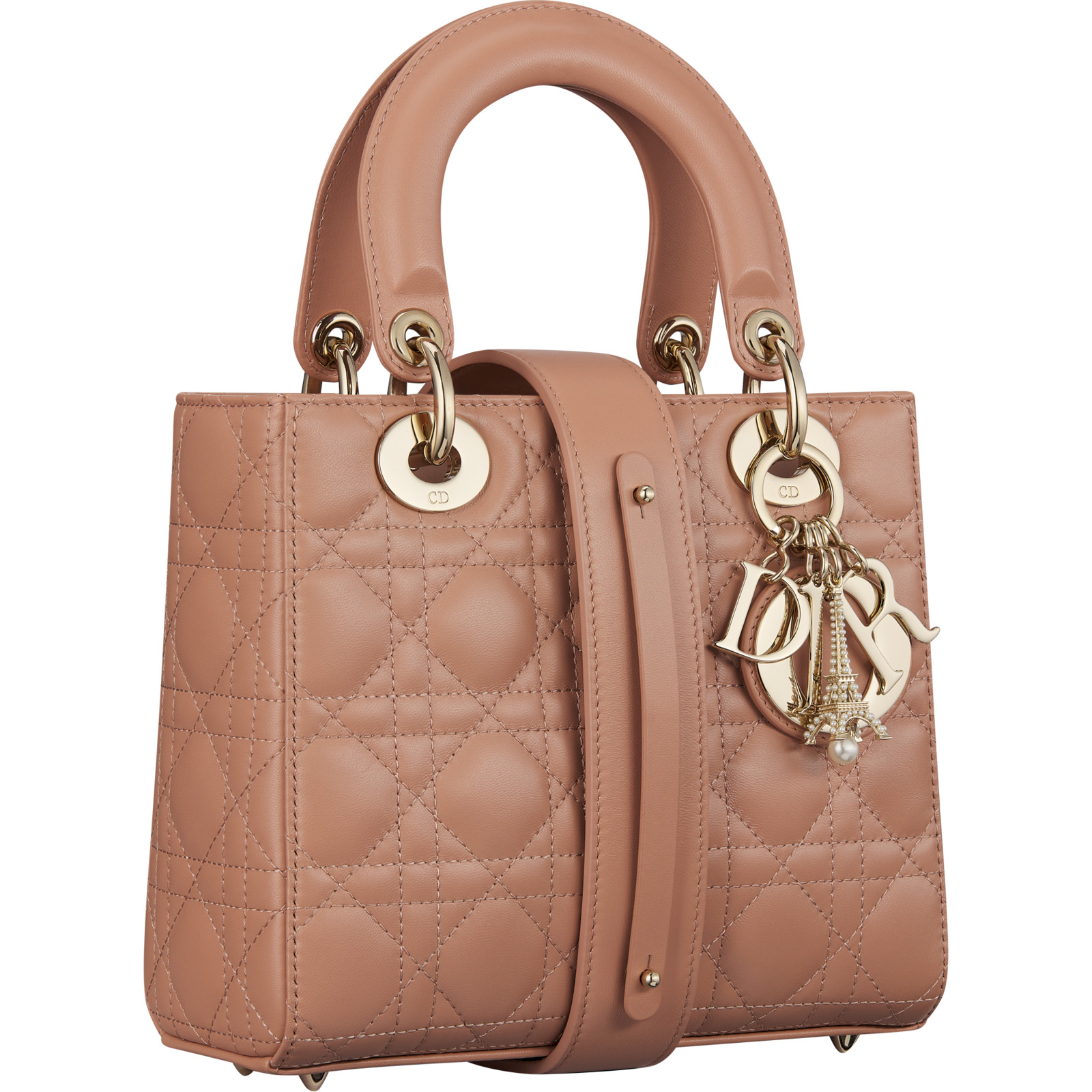 LADY DIOR MY ABCDIOR玫瑰裸色小型款與艾菲爾鐵塔掛飾。NT$200,000(迪奧提供)