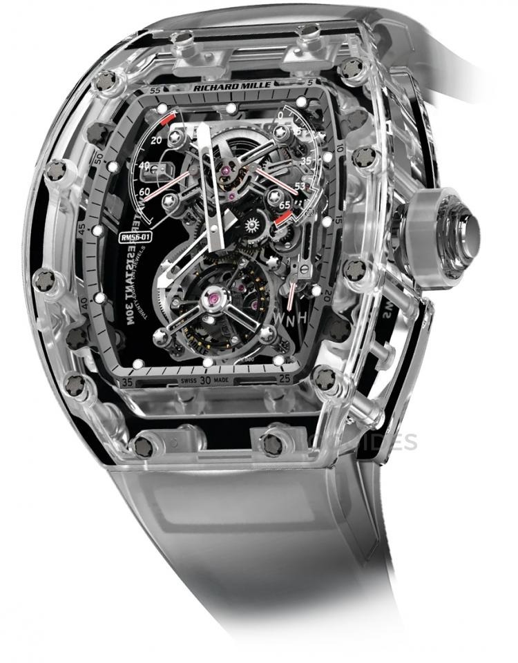 2012 年,RICHARD MILLE 推出 RM 056,全藍寶石水晶三件式殼體耗時逾千小時加工,失敗率極高,僅製作 5 枚,定價約 165 萬美金。