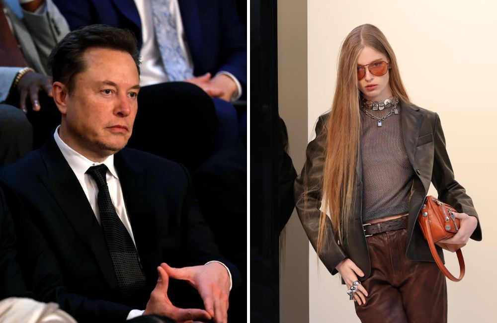 薇薇安珍娜威爾森（右）是馬斯克（左）的孩子，5日穿真空裝現身巴黎時裝週。（翻攝acnestudios IG／X@cb_doge）