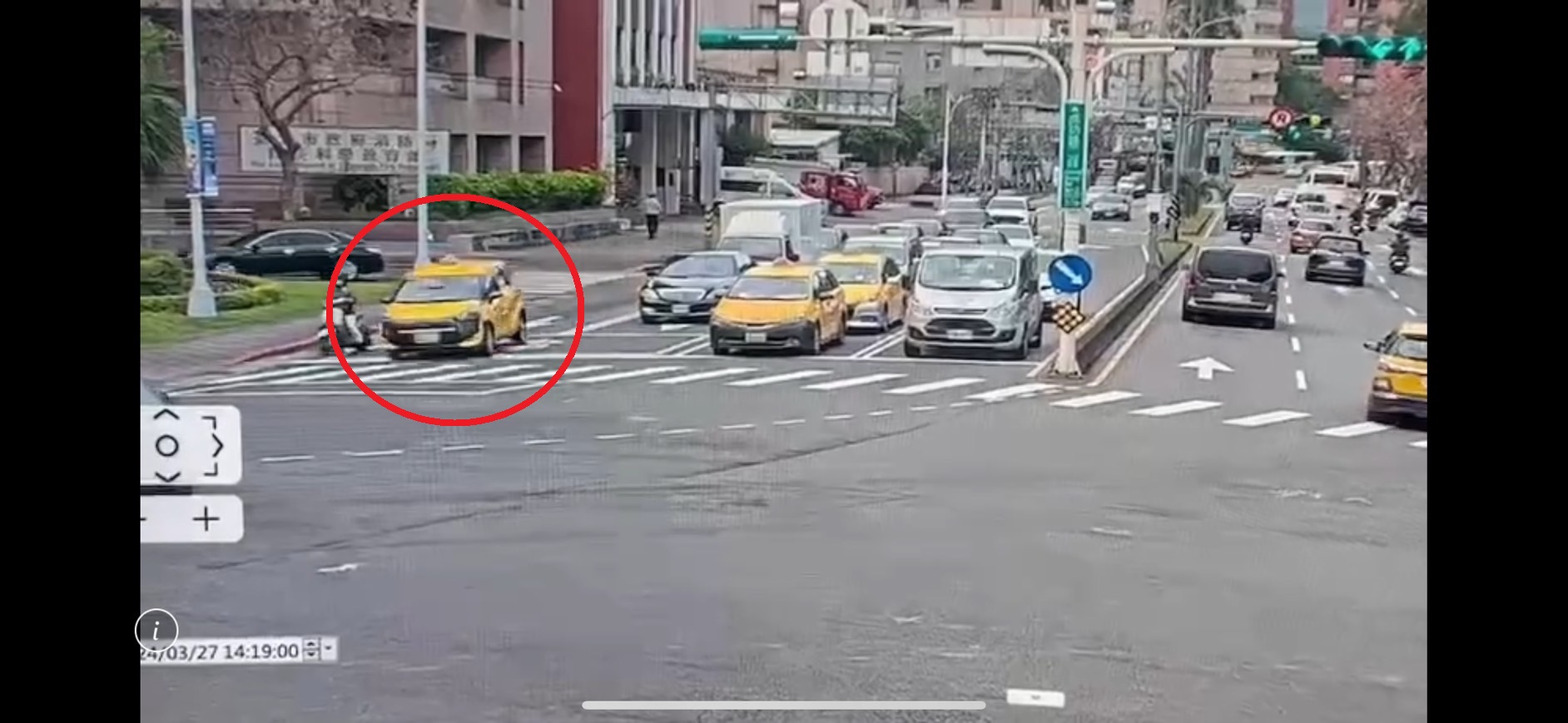 警方調閱監視器,發現肇事計程車(紅圈)未減速闖紅燈,險波及一部停等紅燈的機車。(翻攝畫面)