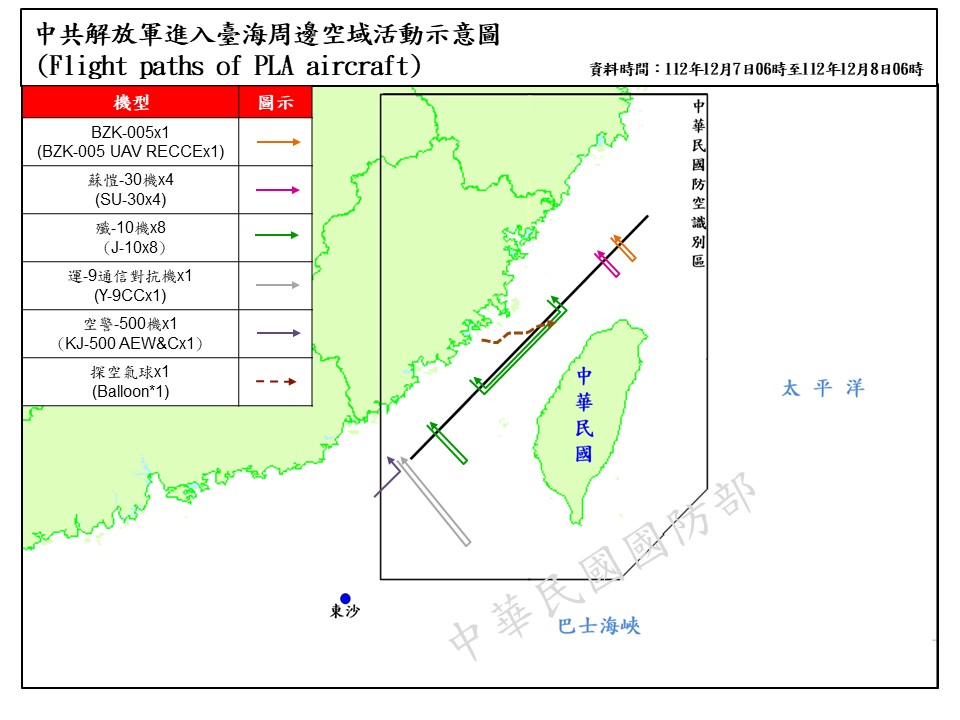 國防部公布中共解放軍進入台灣周邊空域活動示意圖。（國防部提供）