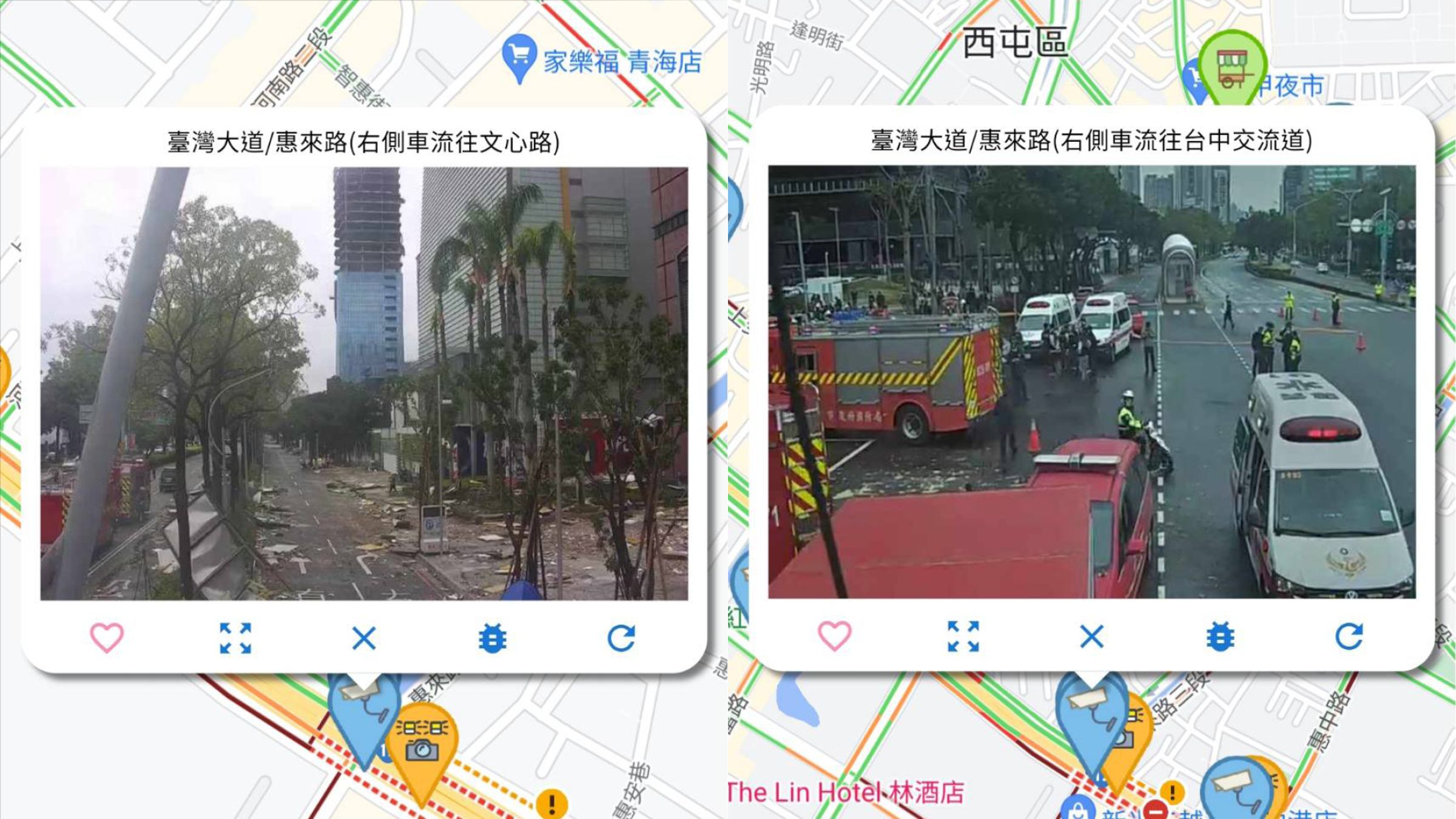 在即時路況app上找到事發地點附近「台灣大道」的監視器,就可以連線看到即時畫面。(翻攝網路)