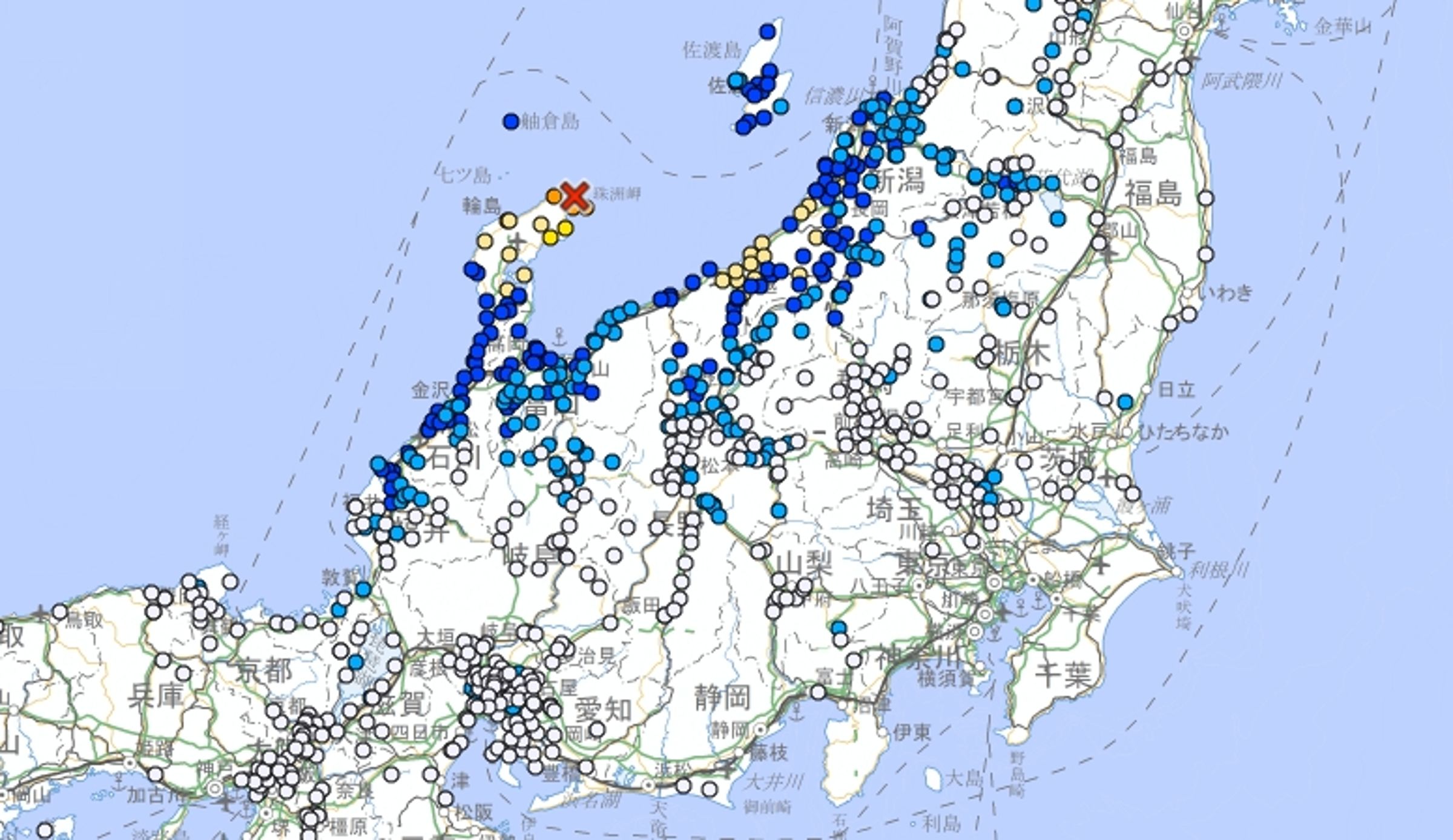 日本石川縣能登半島今天清晨發生規模6地震,是石川縣1月6日後,首度測得震度5強以上的地震。(翻攝自日本氣象廳)