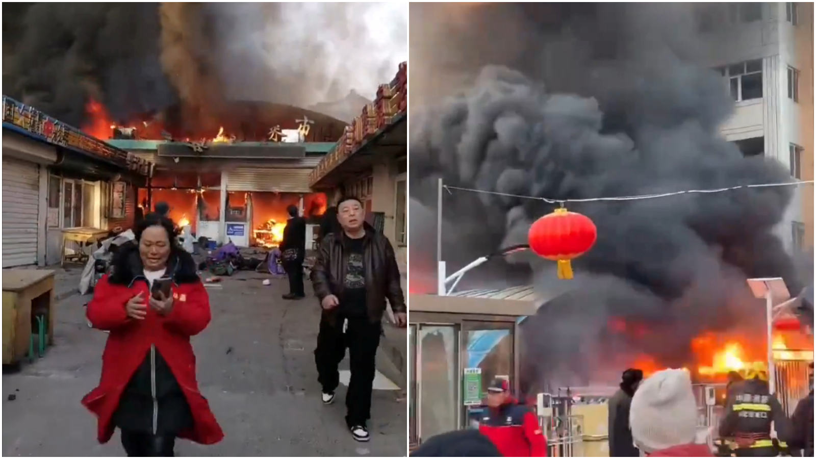 中國河北菜市場大火8死15傷，大媽神清慌張狂奔。（翻攝X）