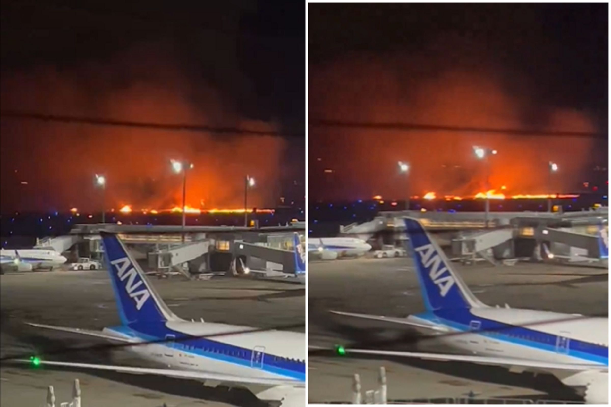 日本羽田機場跑道大火，傳出爆炸聲！疑日航飛機起火。（翻自X平台）