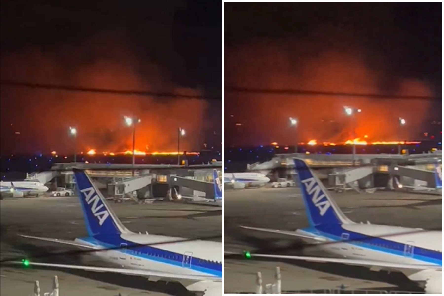 日本羽田機場跑道大火，傳出爆炸聲！疑日航飛機起火。（翻自X平台）