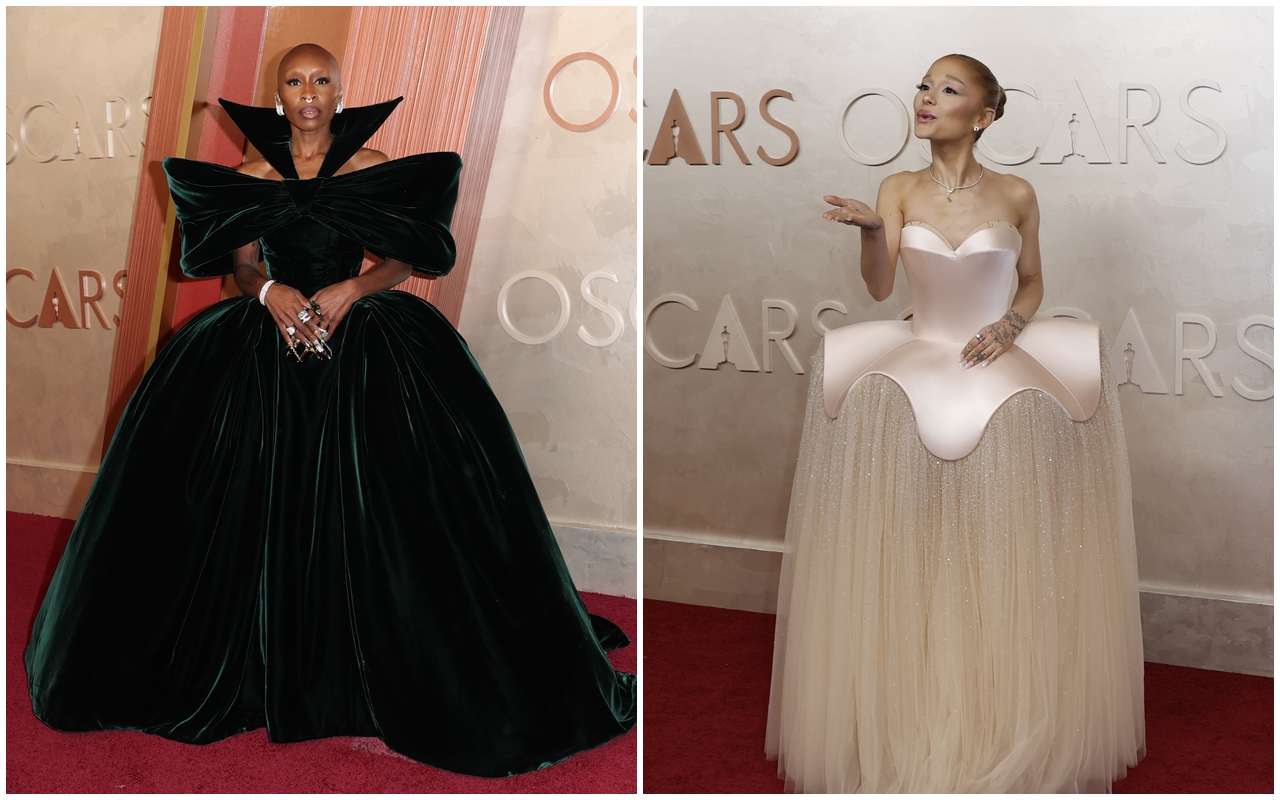 《魔法壞女巫》的演員辛西婭艾利沃（左）、亞莉安娜（右）紅毯禮服都走誇張路線。（東方IC）