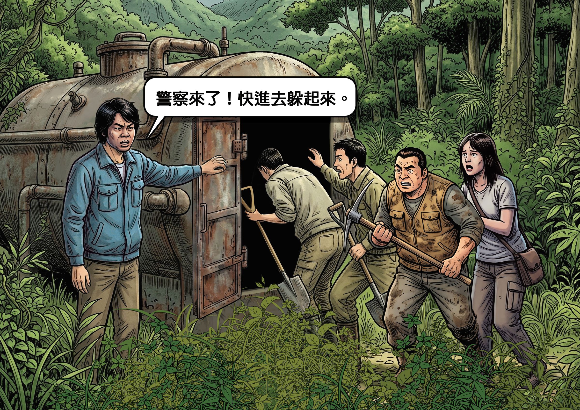 徐東志（左）帶著4名金主尋寶，卻將他們騙進大鐵桶、灌瓦斯毒殺。（AI繪圖FREEPIK生成，本刊美術組後製）