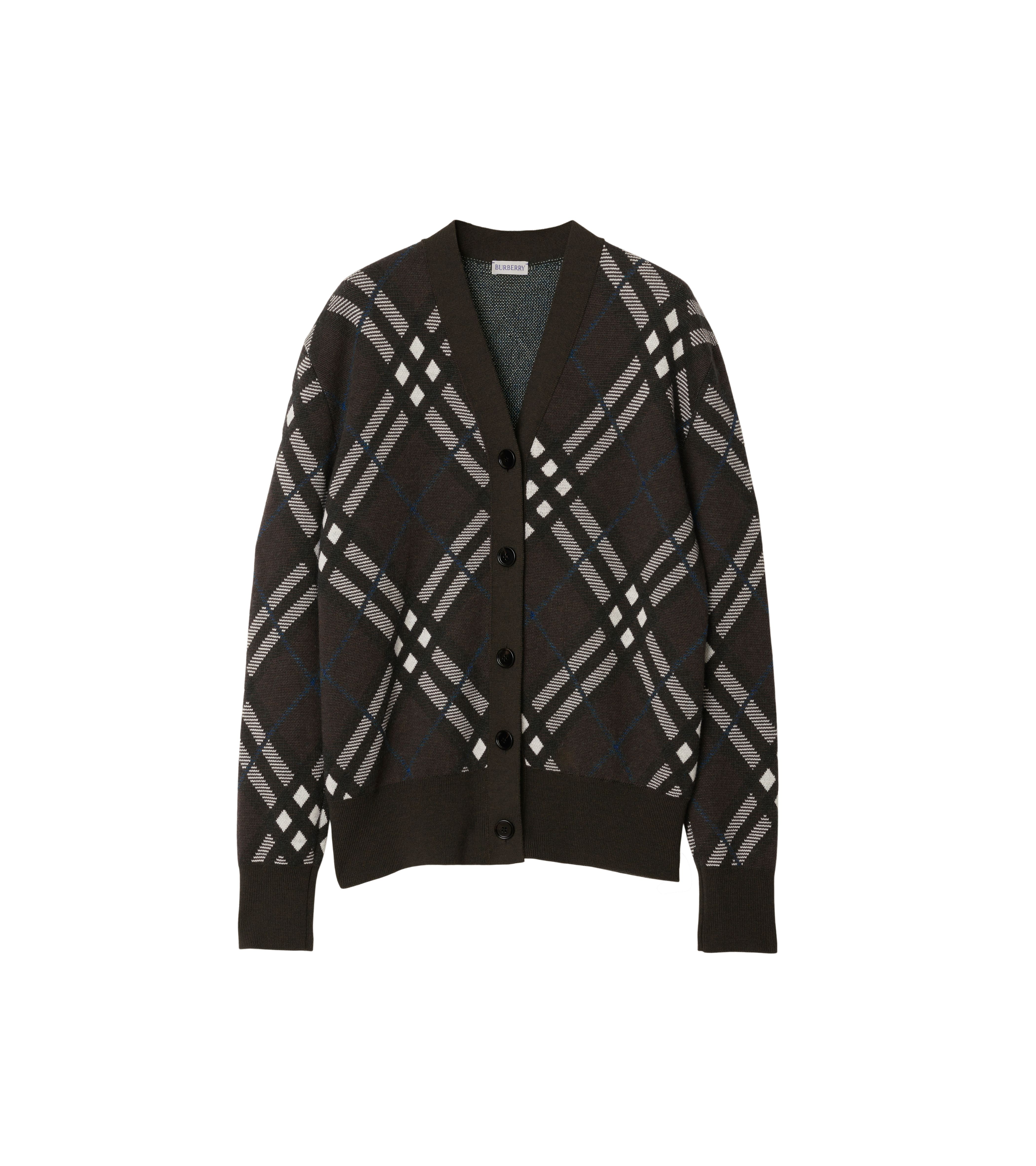 暖感棕色格紋羊毛混紡開襟針織衫。NT$49,900（BURBERRY提供）