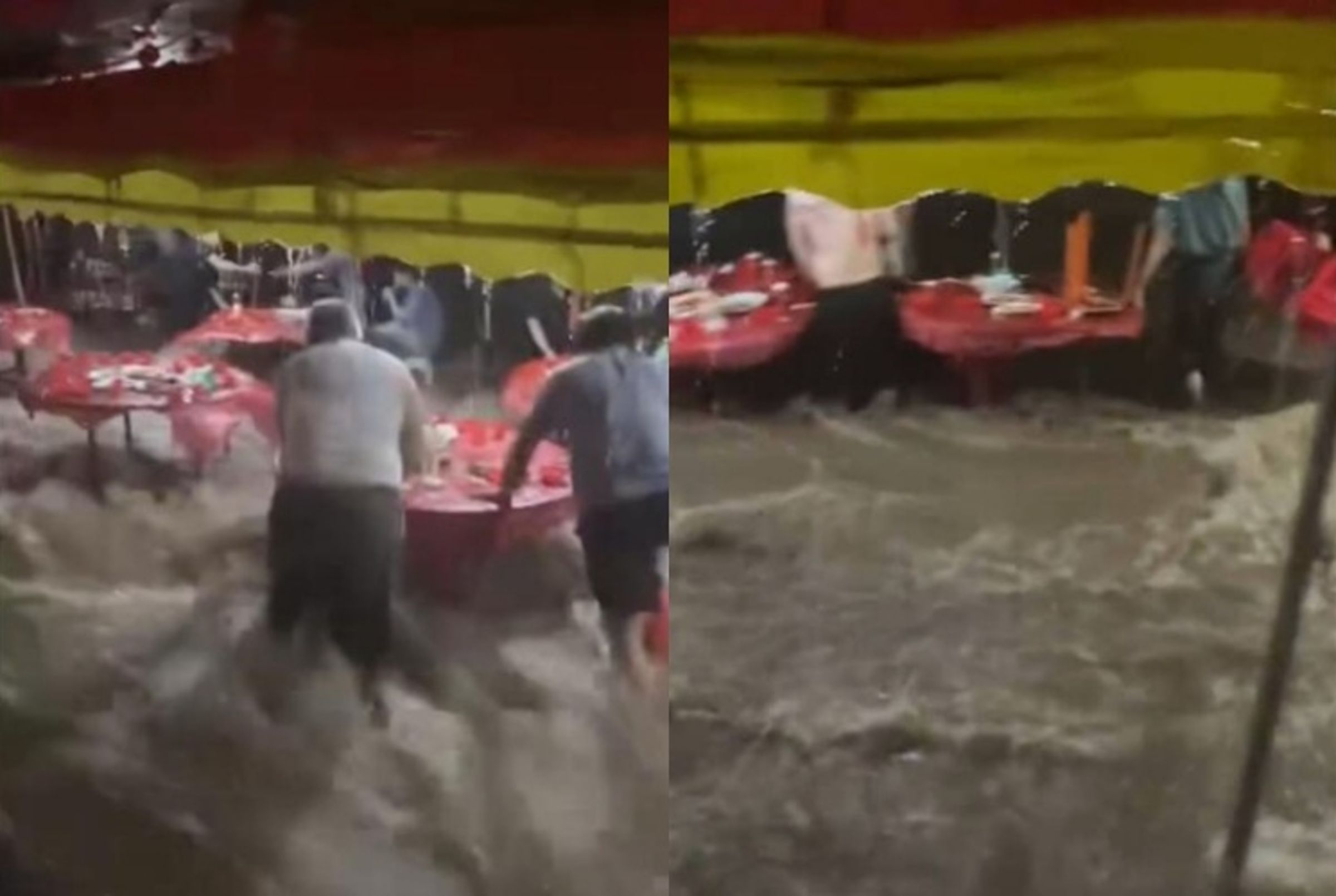 山西一場婚宴因暴雨積水,賓客全泡在水裡用餐;有人鞋子、椅子被沖走,賓客忙著抬桌椅、搬菜餚。(翻攝自微博)