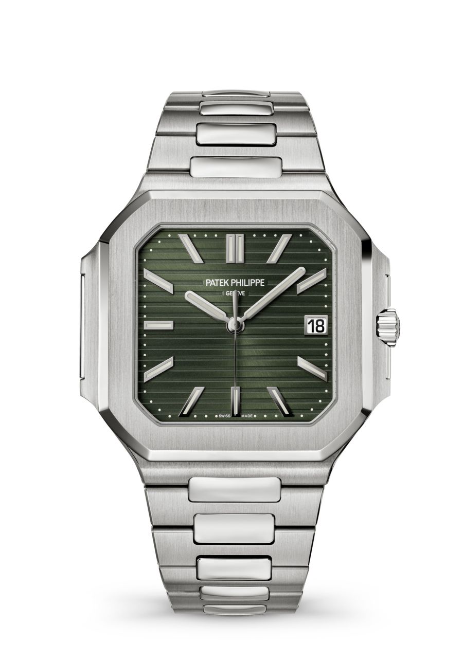 PATEK PHILIPPE Cubitus 5821/1A-001 此錶為全新Cubitus系列的入門基礎款，精鋼錶殼配以一體式精鋼鍊帶，搭載Cal. 26-330 SC機芯，具備大三針日曆功能。此錶最吸引人之處在於採用百達翡麗極珍貴的「綠色面盤」，因為「金鷹系列」Nautilus 5711停產前最後一代即是「綠色面盤」，因此也被視為精鋼款Nautilus系列的最佳接班人。錶殼厚度僅8.3mm，視覺感非常纖薄。 功能：時、分、秒指示；日期顯示 機芯：自動上鏈機芯 定價：約NT$1,336,000