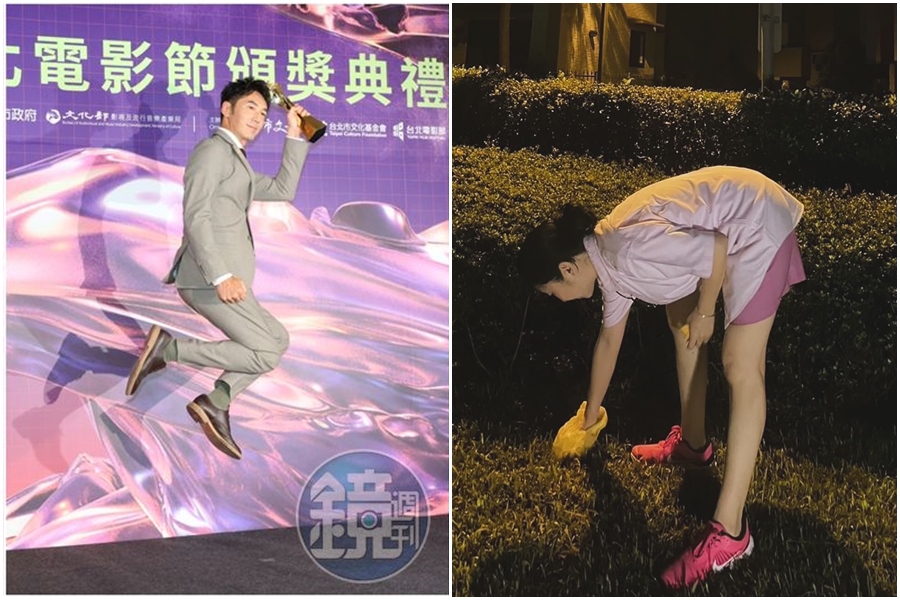 李李仁憑《周處除三害》刑警角色贏得台北電影獎最佳男配角，當時老婆陶晶瑩正在遛狗撿黃金。（右圖翻攝自陶晶瑩臉書）