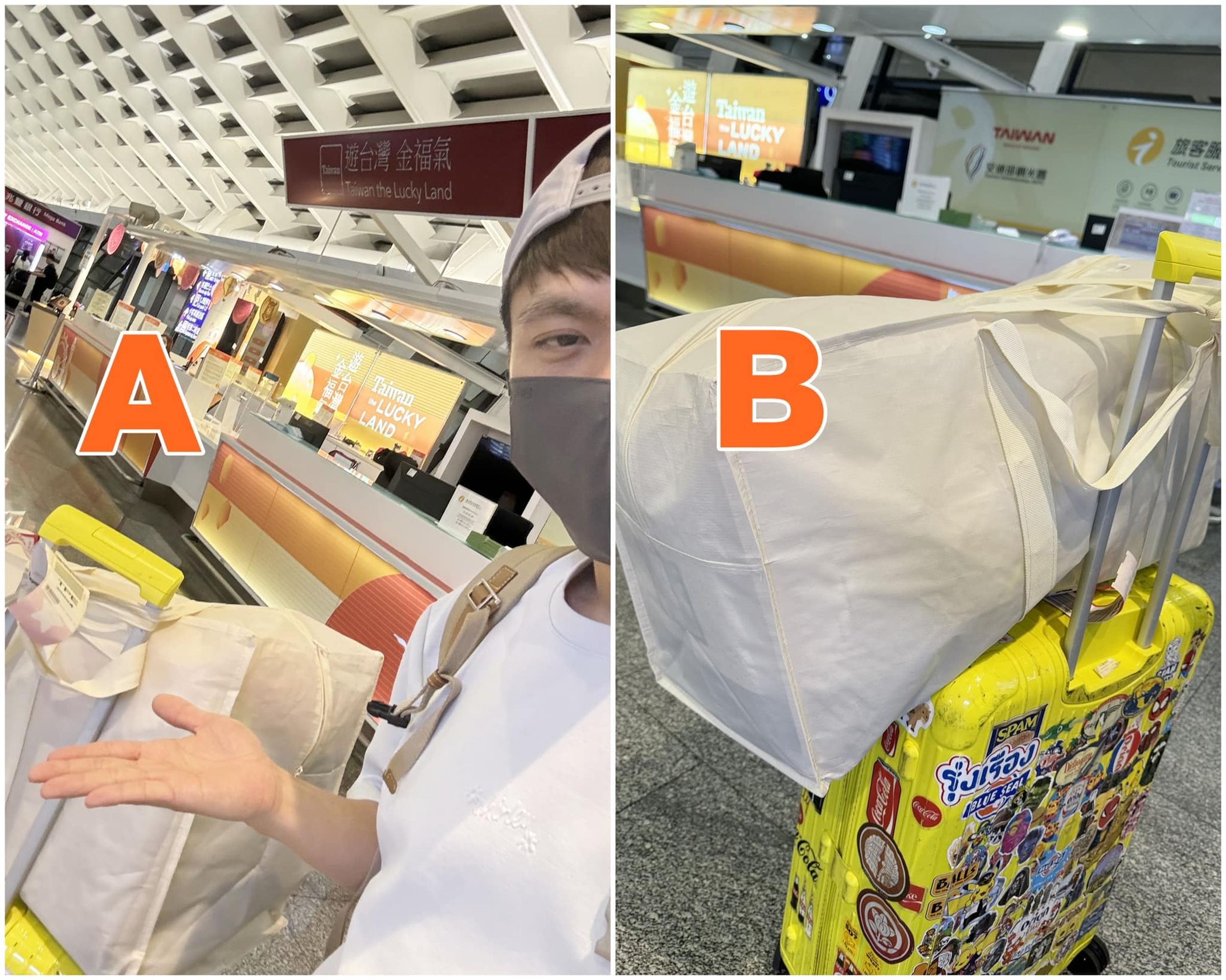 蔡阿嘎在機場拿錯別人的行李，有網友笑說：「絕對是嘎粉的」。（翻攝自蔡阿嘎臉書）