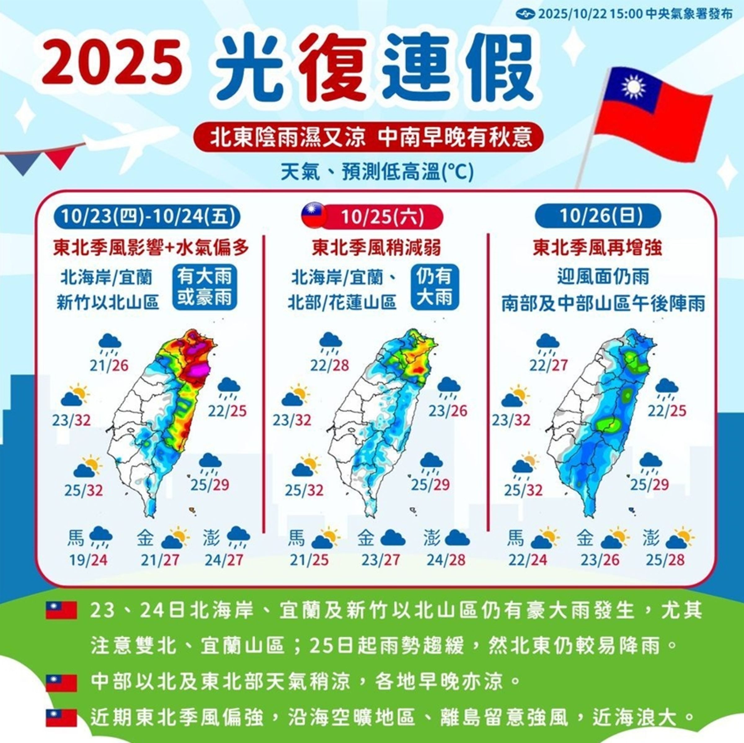 東北季風發威！北台灣雨勢不斷，山區慎防土石流與落石，民眾外出務必小心安全。（中央氣象署提供）