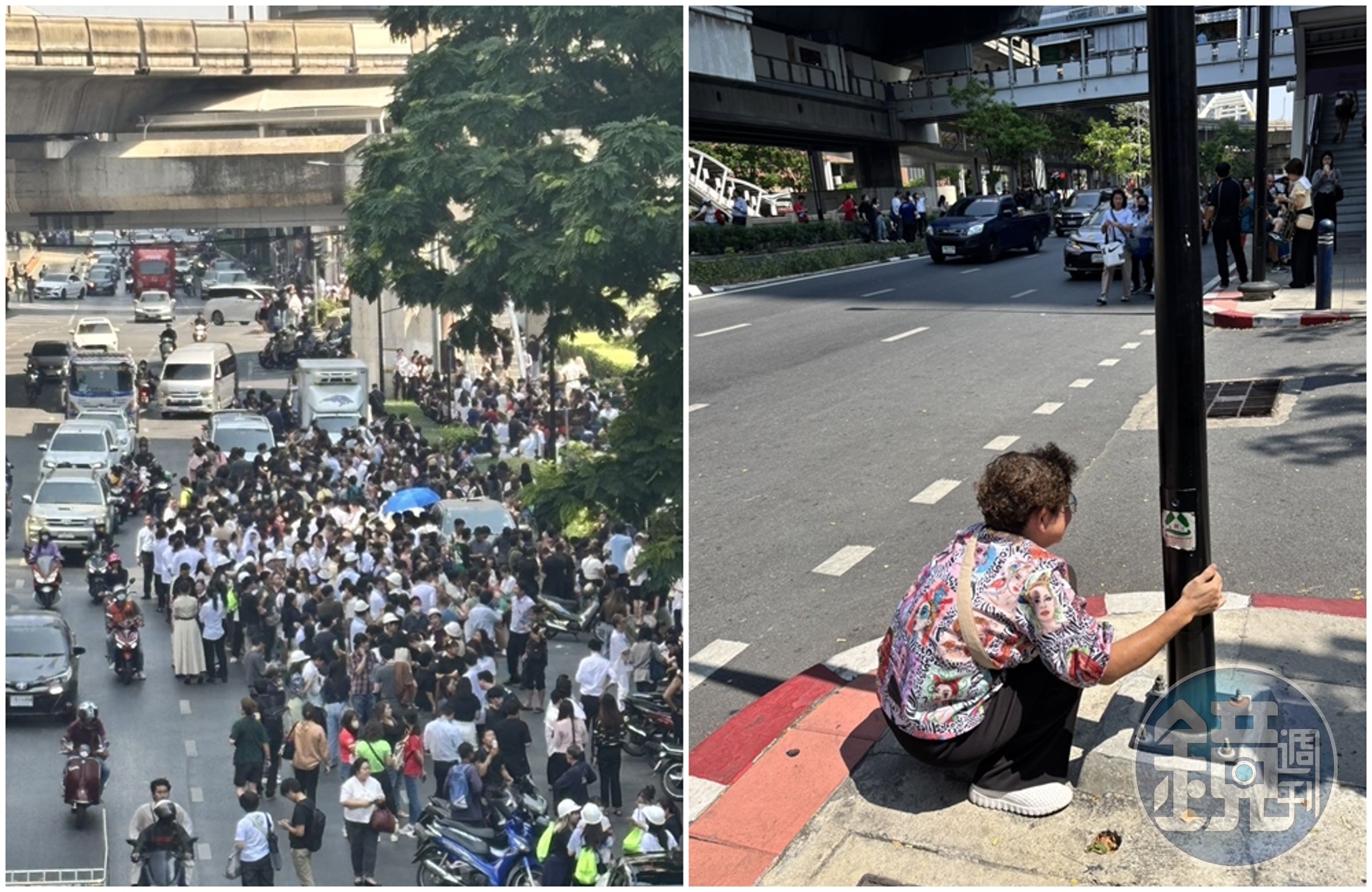 泰國曼谷感到強烈搖晃,民眾紛紛走到馬路上躲避,一位婦人蹲在地上扶著電線桿不敢移動。(讀者提供)
