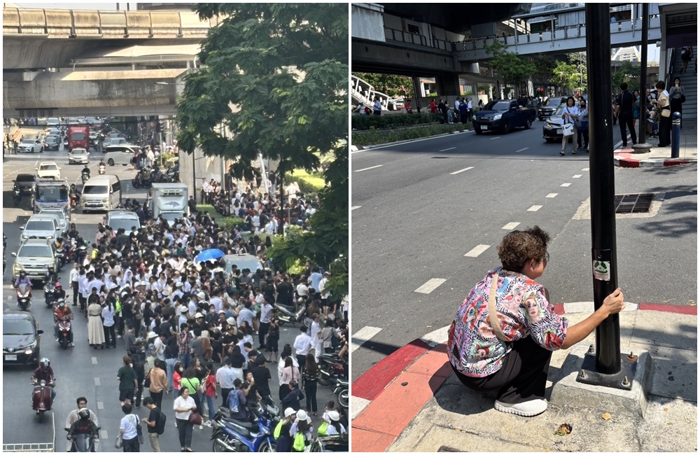 泰國曼谷感到強烈搖晃，民眾紛紛走到馬路上躲避，一位婦人蹲在地上扶著電線桿不敢移動。（讀者提供）