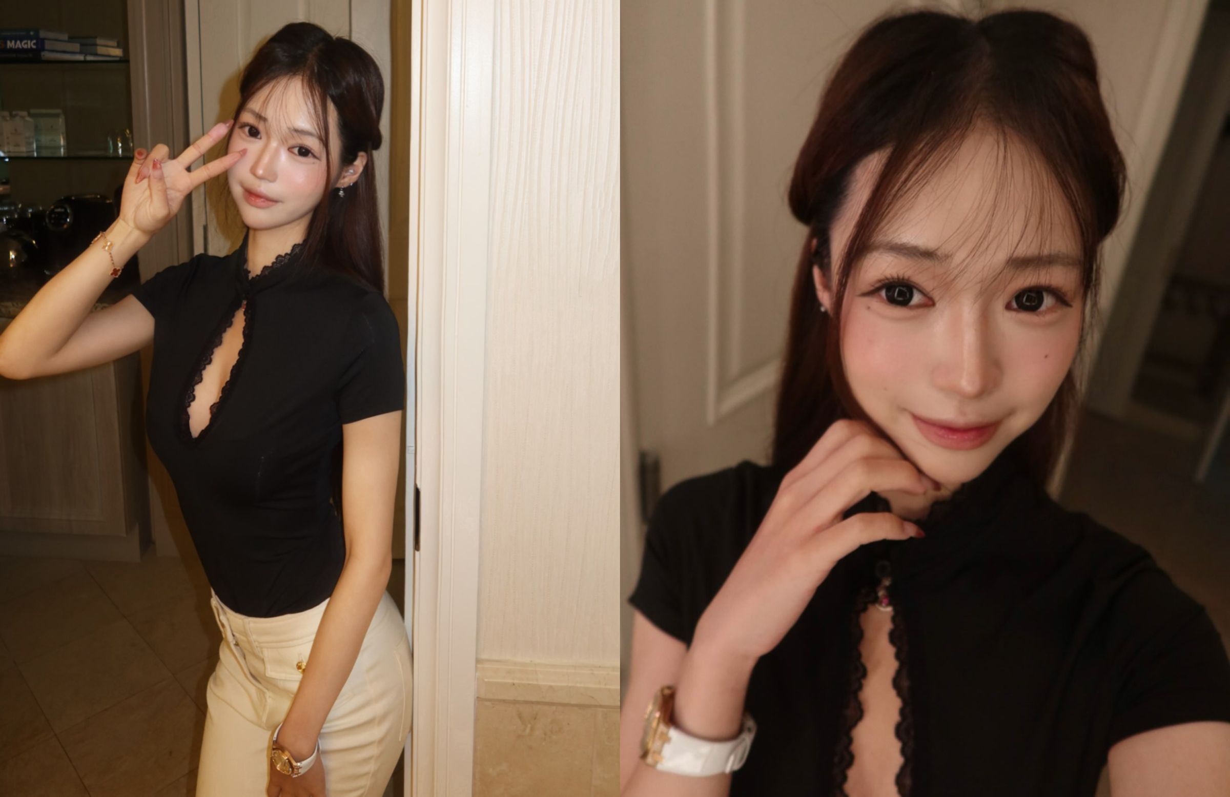 國產車廠千金Michelle慶祝21歲生日,身穿黑色旗袍風上衣,胸前大膽挖空,甜美又性感。(翻攝michelleyen__IG)