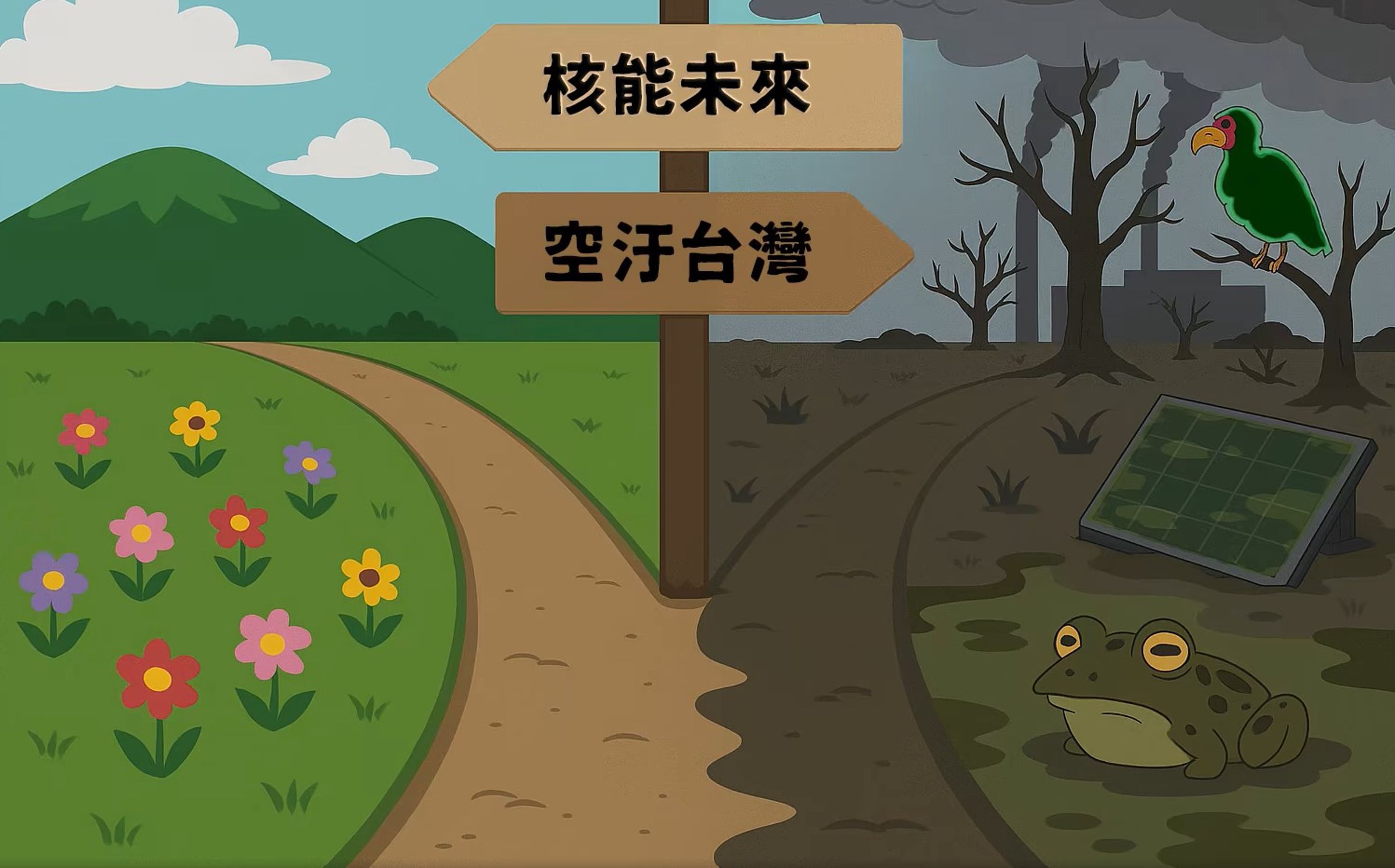 國民黨仿《南方四賤客》動畫廣告中,童子賢拿的手板影射非核家園火力全開加劇空汙。(翻攝自中國國民黨 KMT臉書)