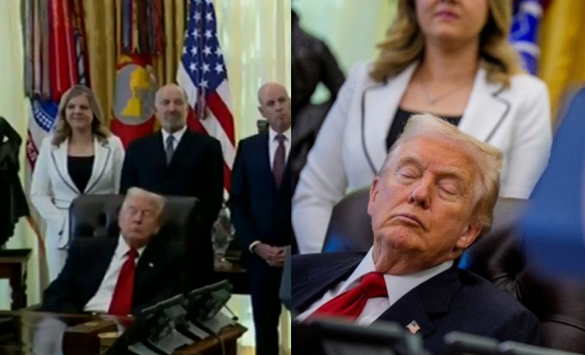 川普在白宮聽取醫師奧茲發言時疑似「閉眼片刻」，加州州長紐森抓準時機開酸「瞌睡唐回來了！」，掀全網狂笑。（翻攝自X/GovPressOffice）