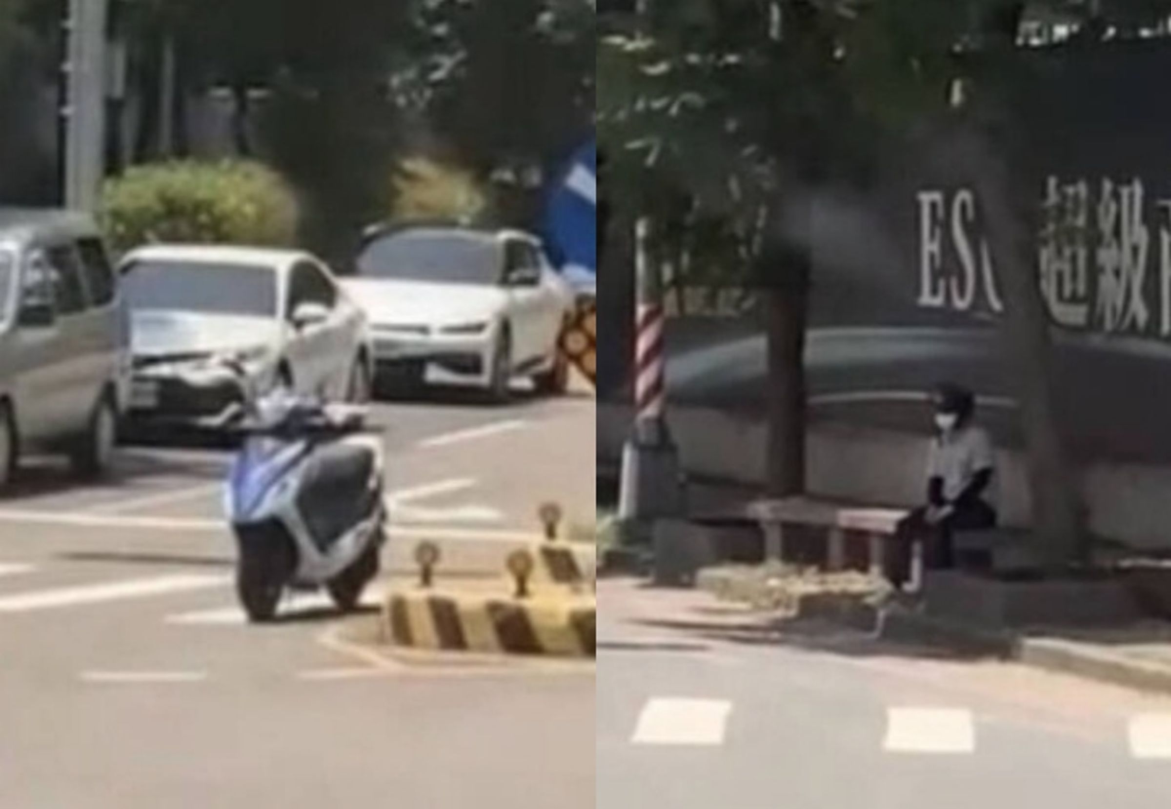 一輛機車被留在斑馬線上等紅燈,原來騎士被熱到受不了,跑去一旁樹蔭下乘涼。(翻攝自臉書 重機車友 ❘ 各區路況天氣、資訊分享中心)