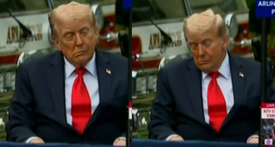 川普在911追悼儀式上，右半臉明顯下垂，被質疑健康出狀況。（翻攝自X）