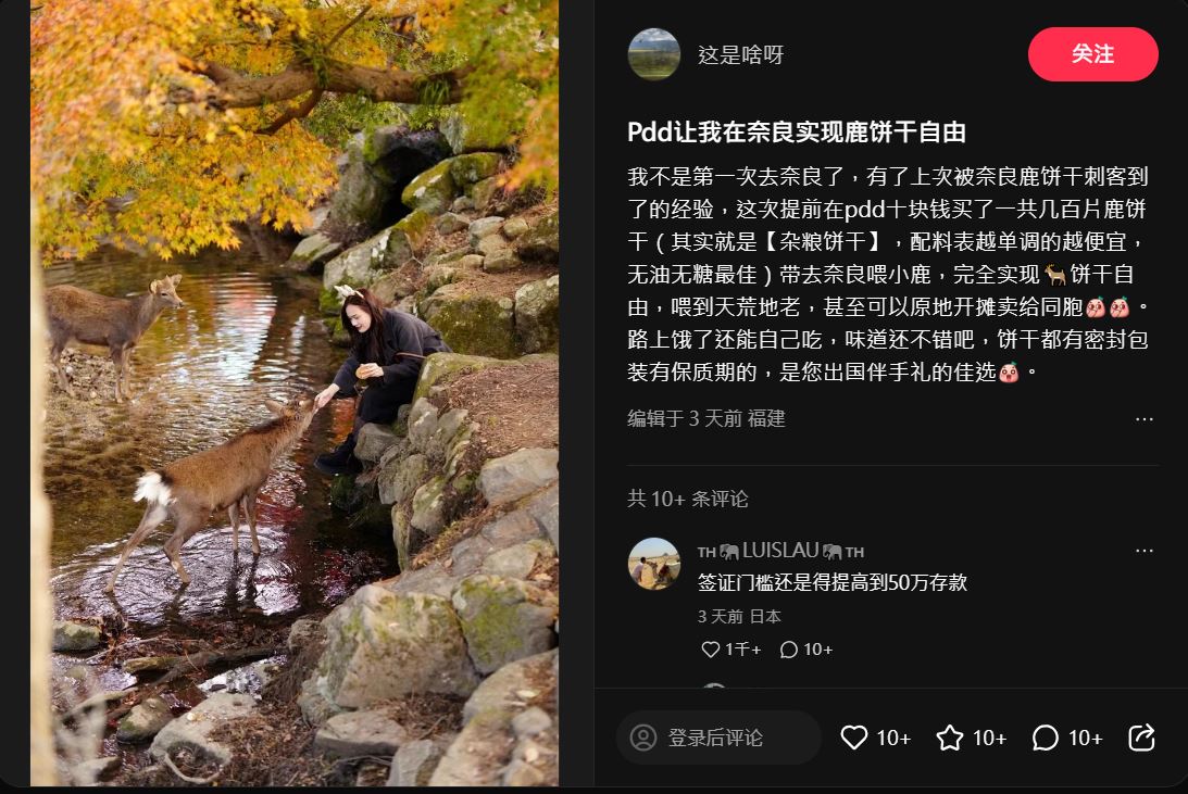 中國小姐姐炫耀自購中國製餅乾餵鹿。（翻攝小紅書）