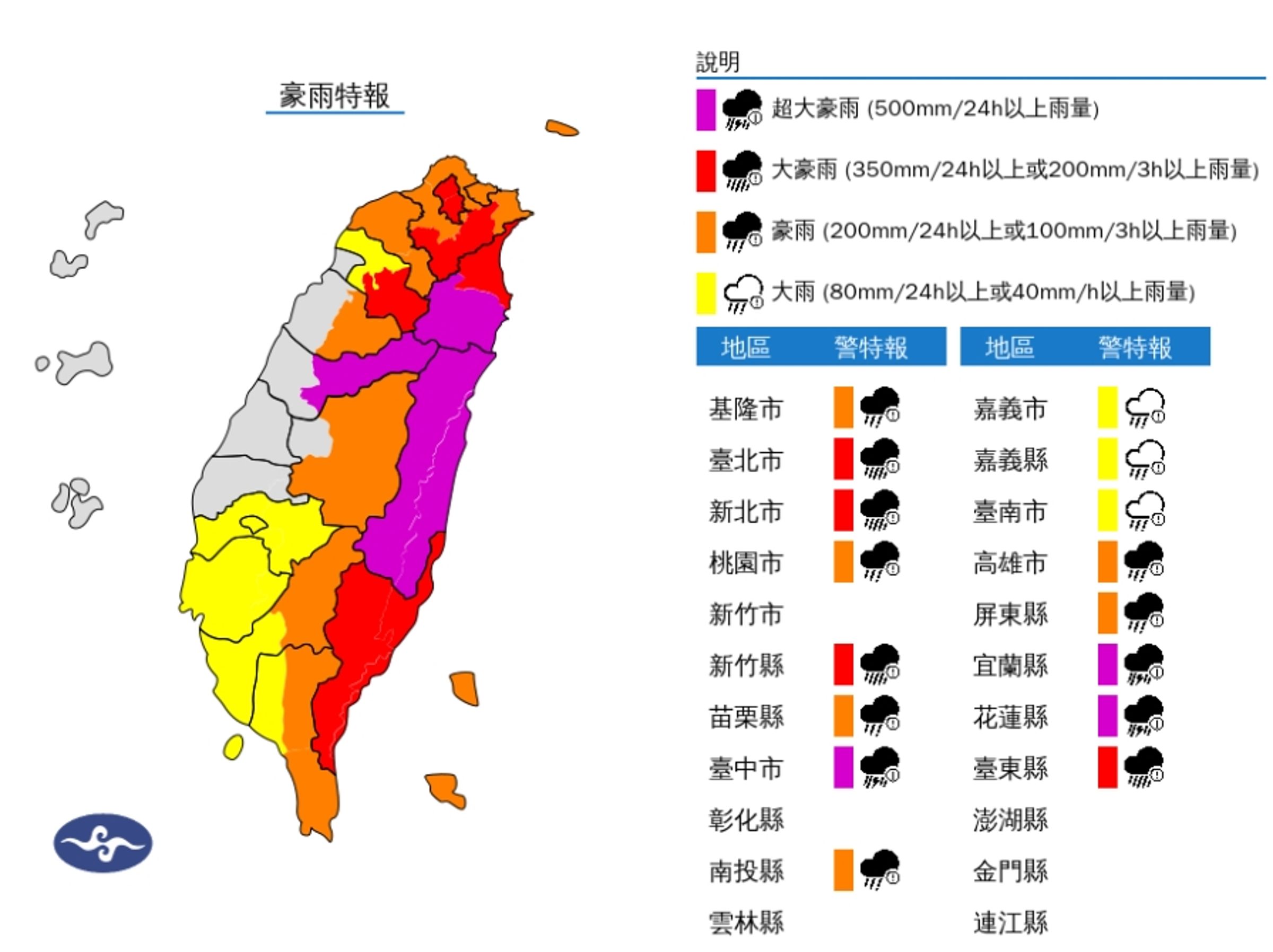 中央氣象署稍早針對16縣市發布豪、大雨特報。(中央氣象署提供)