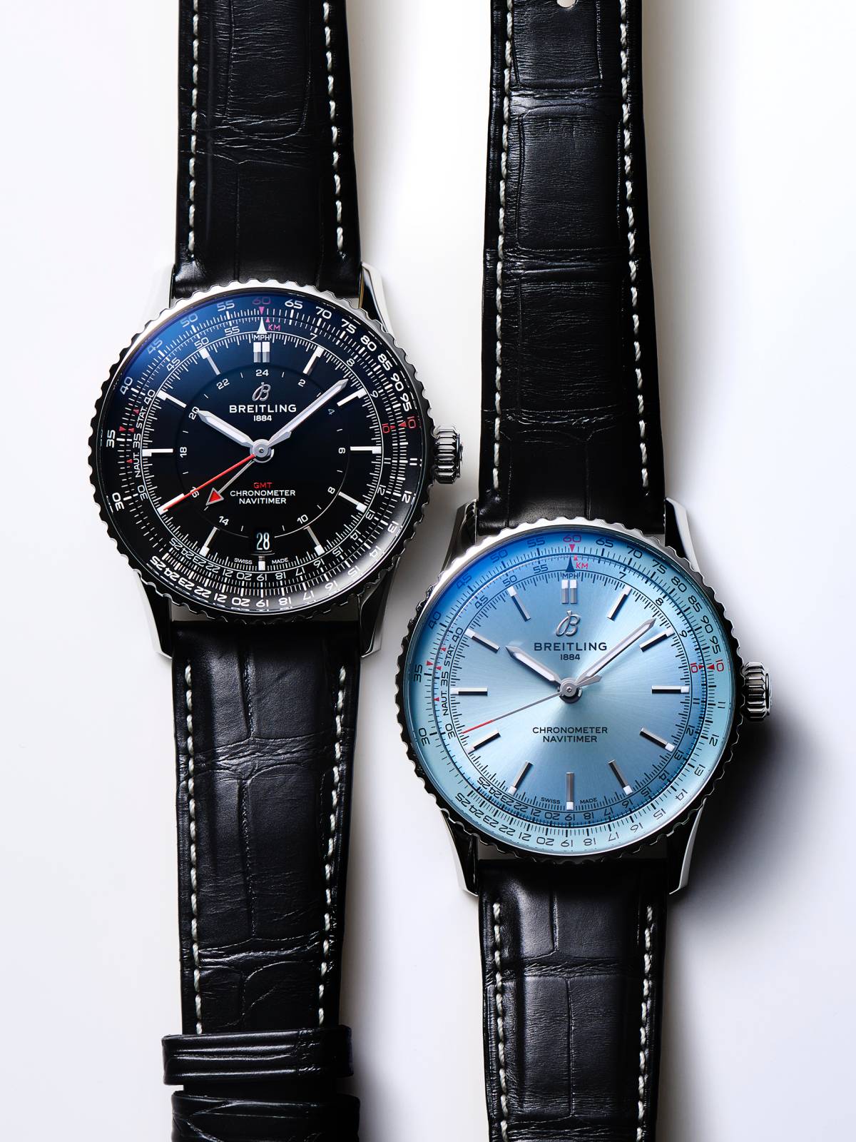百年靈今年慶祝品牌創立140週年，發表全新開發的Navitimer GMT 41錶款（左，定價約NT$168,000），以及改款的Navitimer 41大三針自動腕錶（右，定價約NT$160,000）。