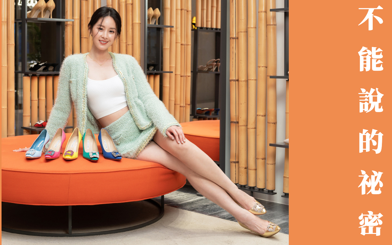 曾愷玹穿Blugirl薄荷綠外套（NT$18,800）與迷你裙（NT$13,800），搭配經典款Hangisi高跟鞋。（Manolo Blahnik提供）