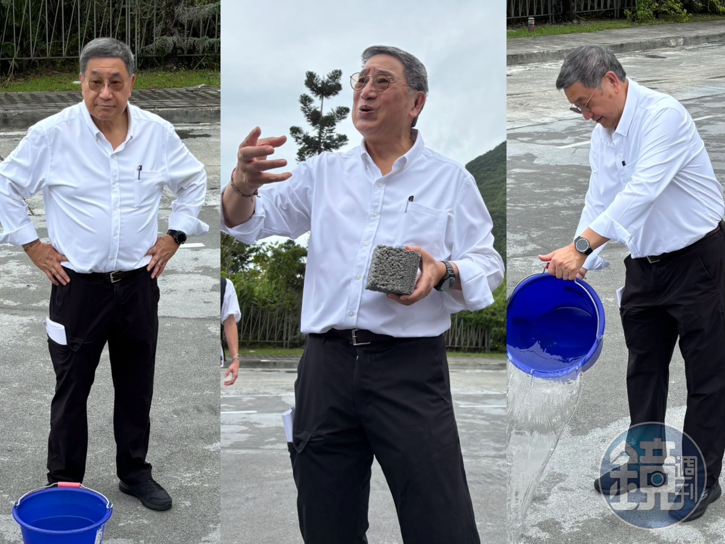 台泥董事長張安平提起一桶水倒在地上，親自在媒體面前展示台泥因應極端天氣日益嚴峻，為城市打造真正的「海綿城市」，所研發出的「氣候商品」。