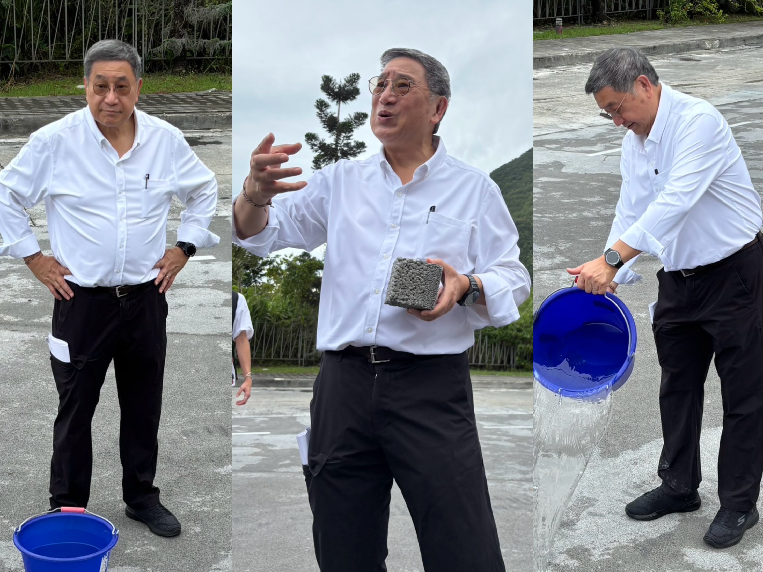 台泥董事長張安平提起一桶水倒在地上，親自在媒體面前展示台泥因應極端天氣日益嚴峻，為城市打造真正的「海綿城市」，所研發出的「氣候商品」。