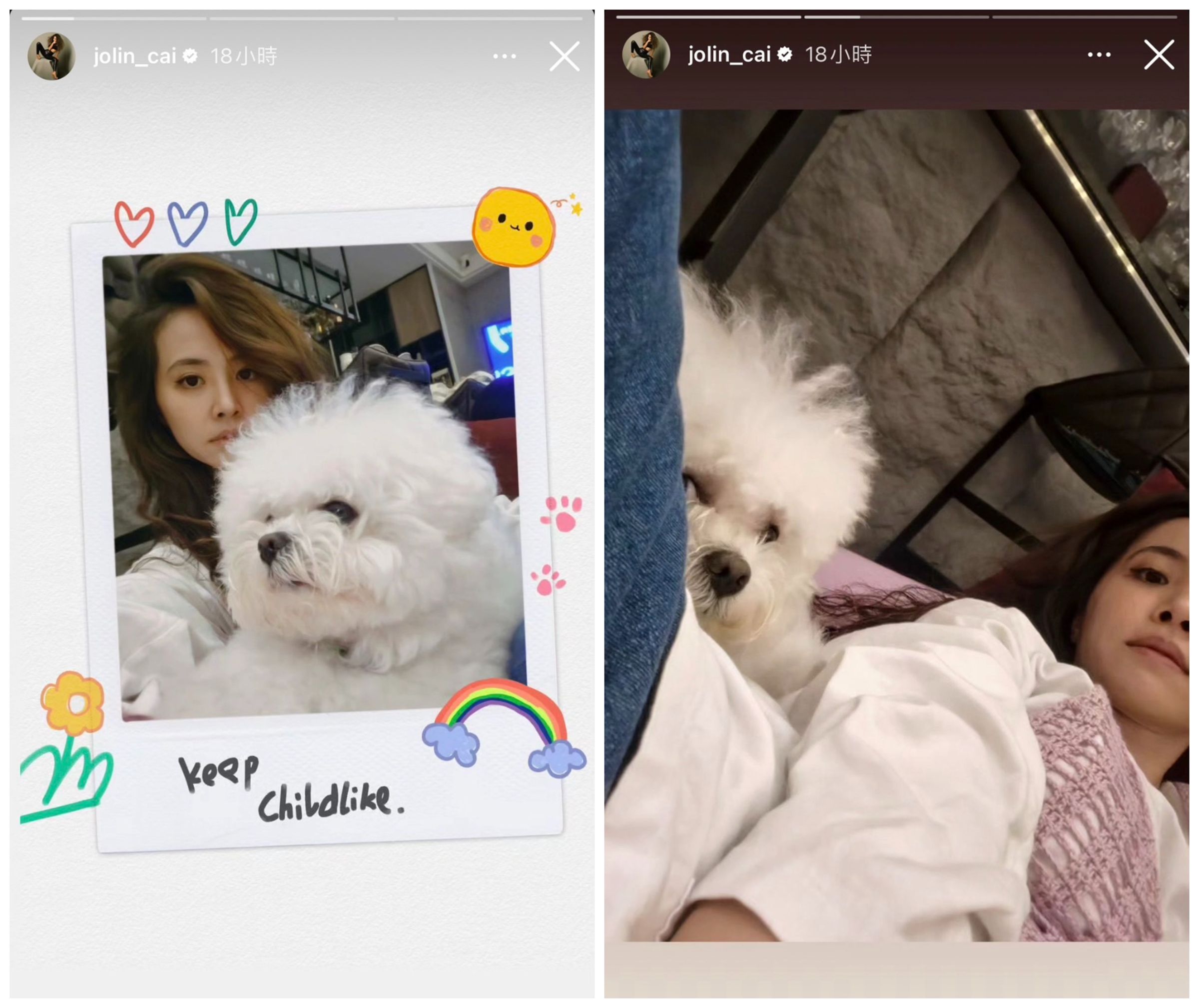 蔡依林貼出與愛犬的自拍照,其中一張還以「死亡角度」示人(右圖)。(翻攝蔡依林IG)