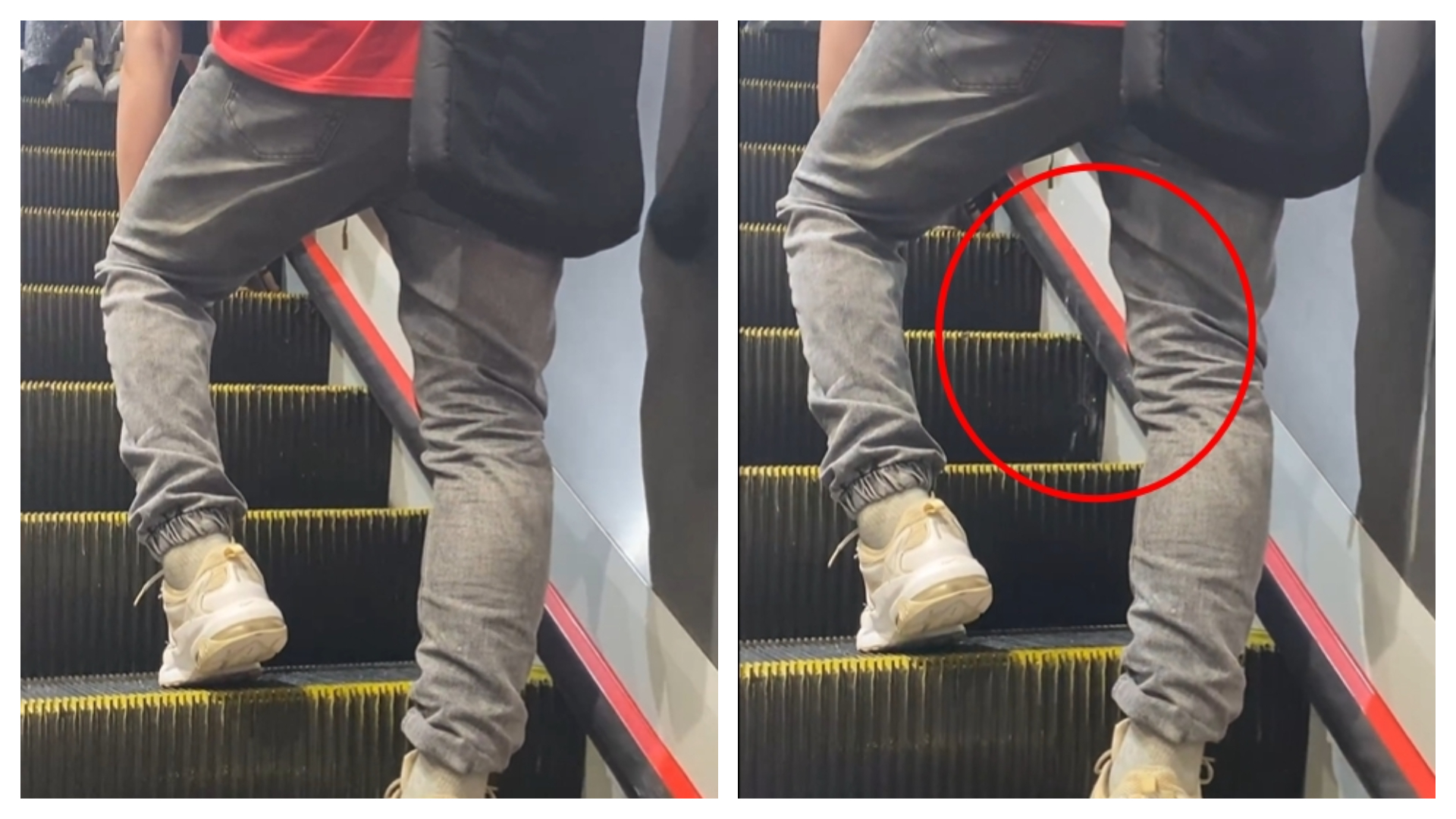 1名紅衣男在忠孝復興站轉乘文湖線的電扶梯「解放」，影片在網路上引發熱議。（翻攝自Threads）