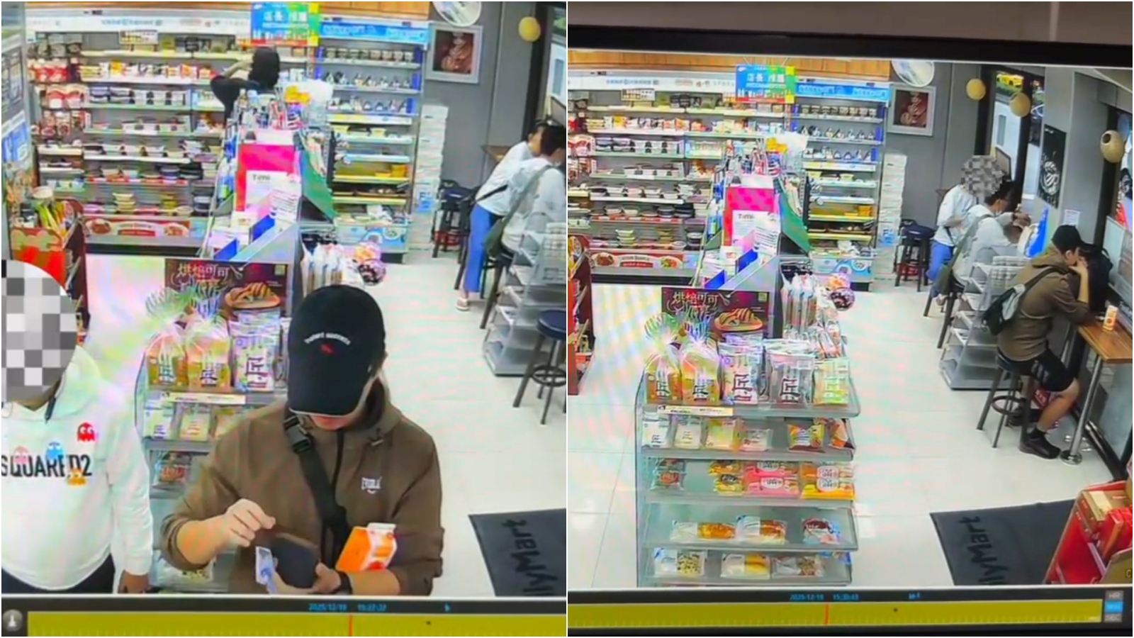 張文犯案前去超商購買豆漿,還坐在窗邊座位若有所思。(翻攝畫面)