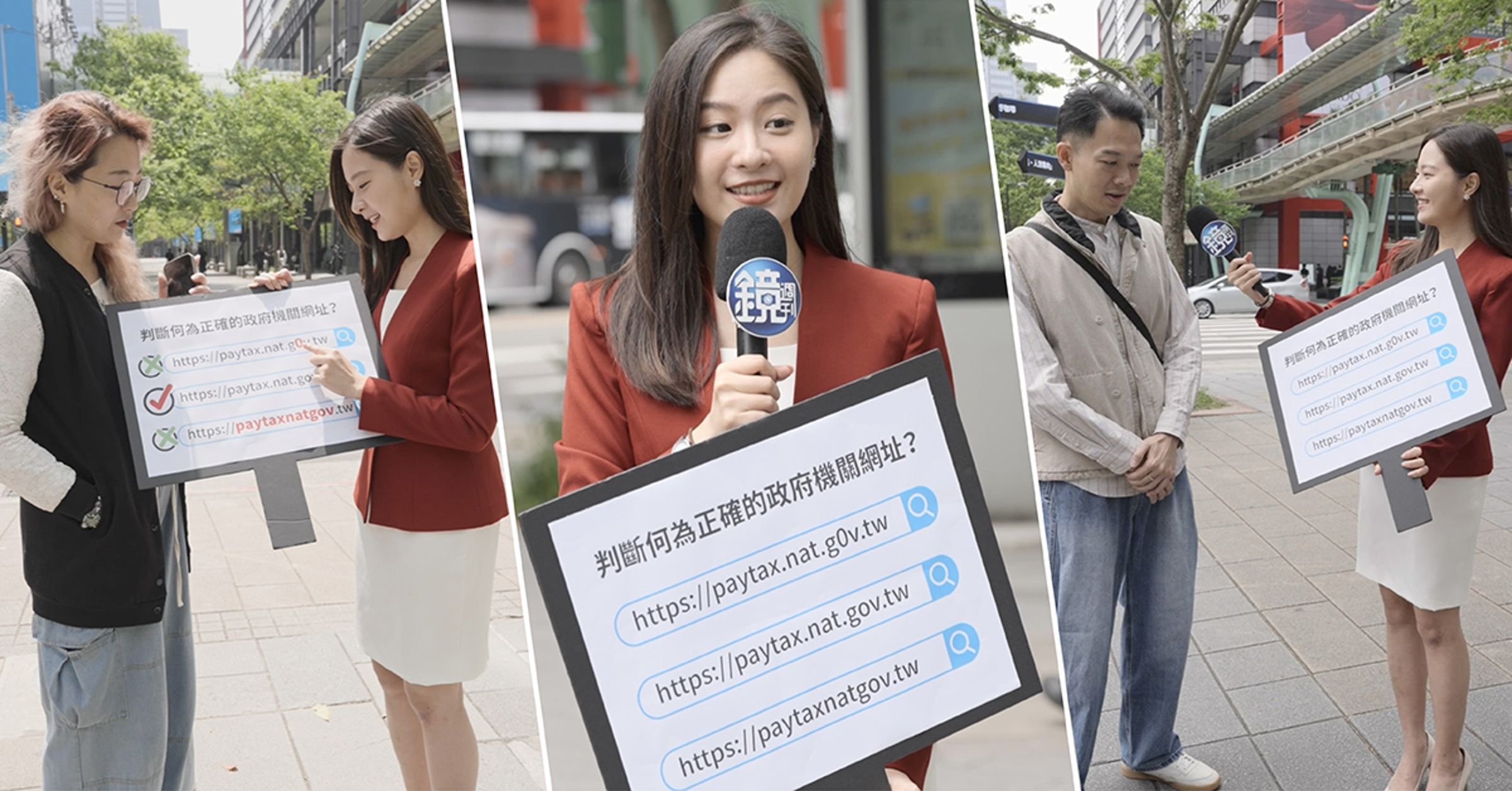 特派員拿出圖卡，向民眾解釋如何一眼分辨政府官網網址的真偽。