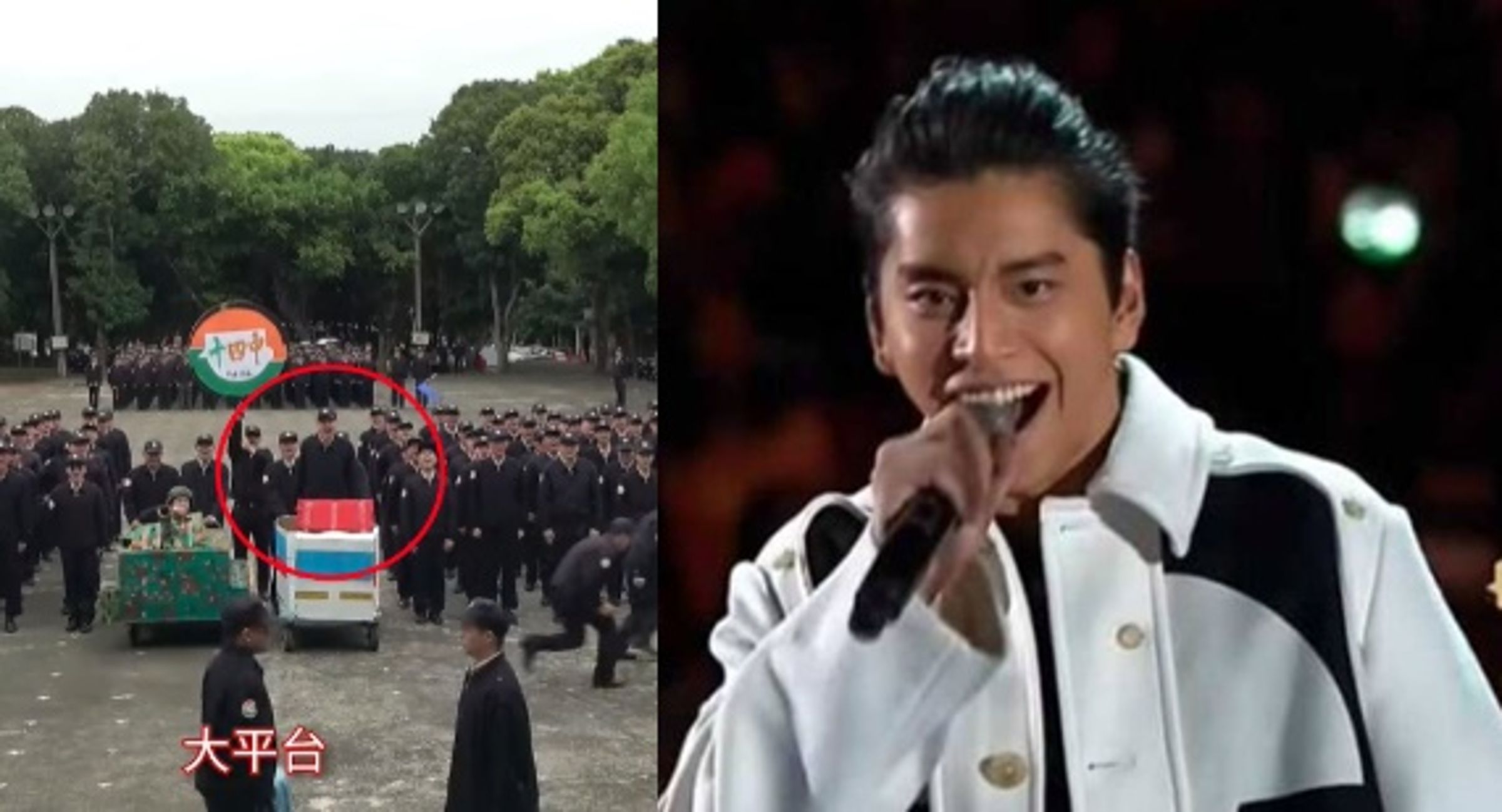 王大陸在「替代役之歌競賽」中重現當年的「大平台」哏。(左圖翻攝自內政部替代役訓練及管理中心YT頻道,右圖翻攝自網路)