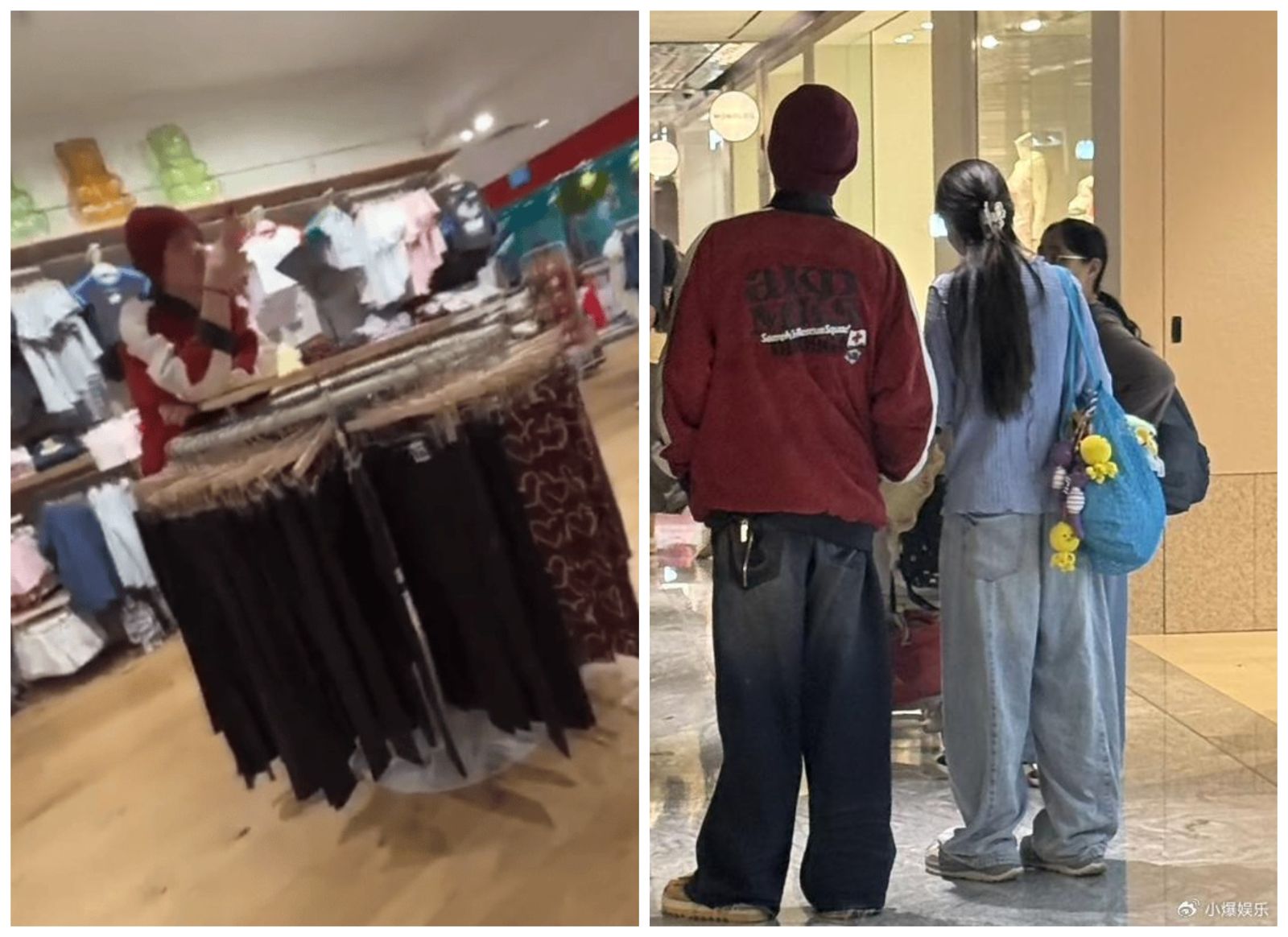 向佐一度在服飾店裡滑手機（左圖），郭碧婷則打扮樸素，背了一個藍色大包包（右圖）。（翻攝微博）