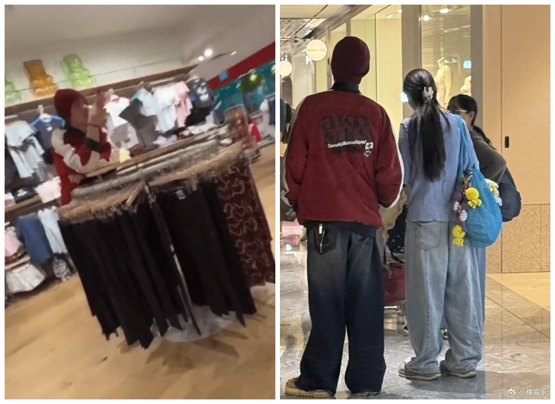 向佐一度在服飾店裡滑手機(左圖),郭碧婷則打扮樸素,背了一個藍色大包包(右圖)。(翻攝微博)