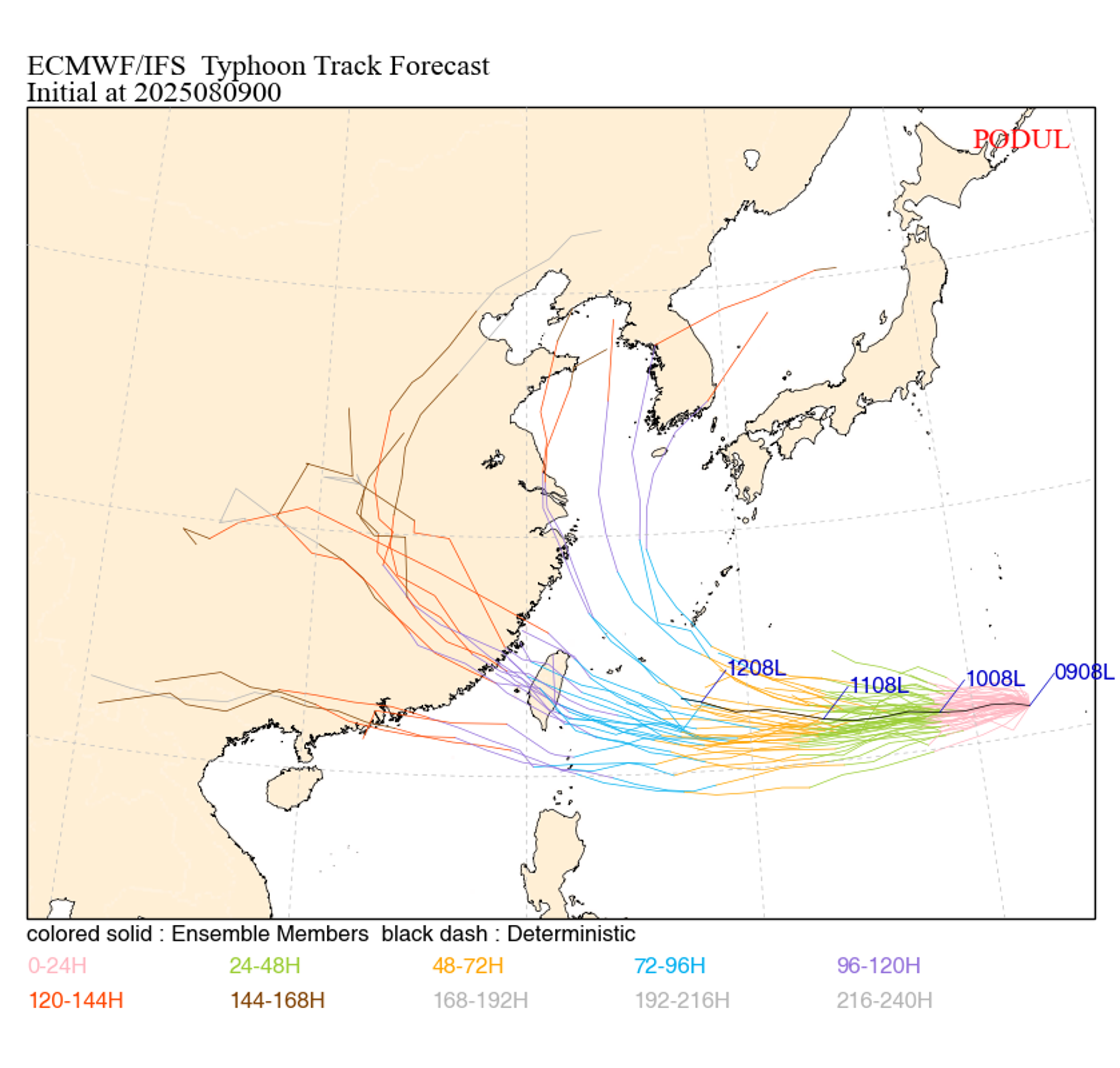 ECMWF集合路徑模擬圖顯示，楊柳路徑仍有不確定性。（中央氣象署提供）