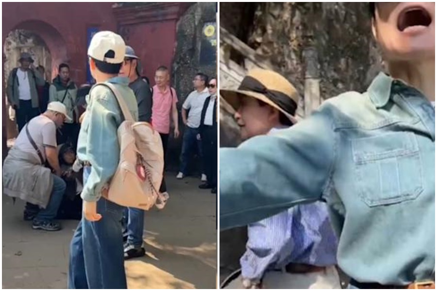 台人赴中國旅遊，期間因勸陸客插隊爆衝突，慘被聯合毆打在地。（翻攝自風暴士兵X）