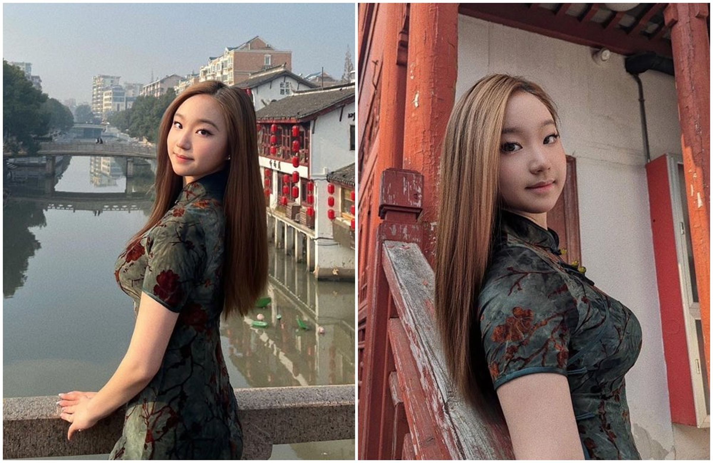 Sammi在上海穿旗袍,凸顯玲瓏有緻身材。(翻攝岑永康張珮珊窩幸福臉書)