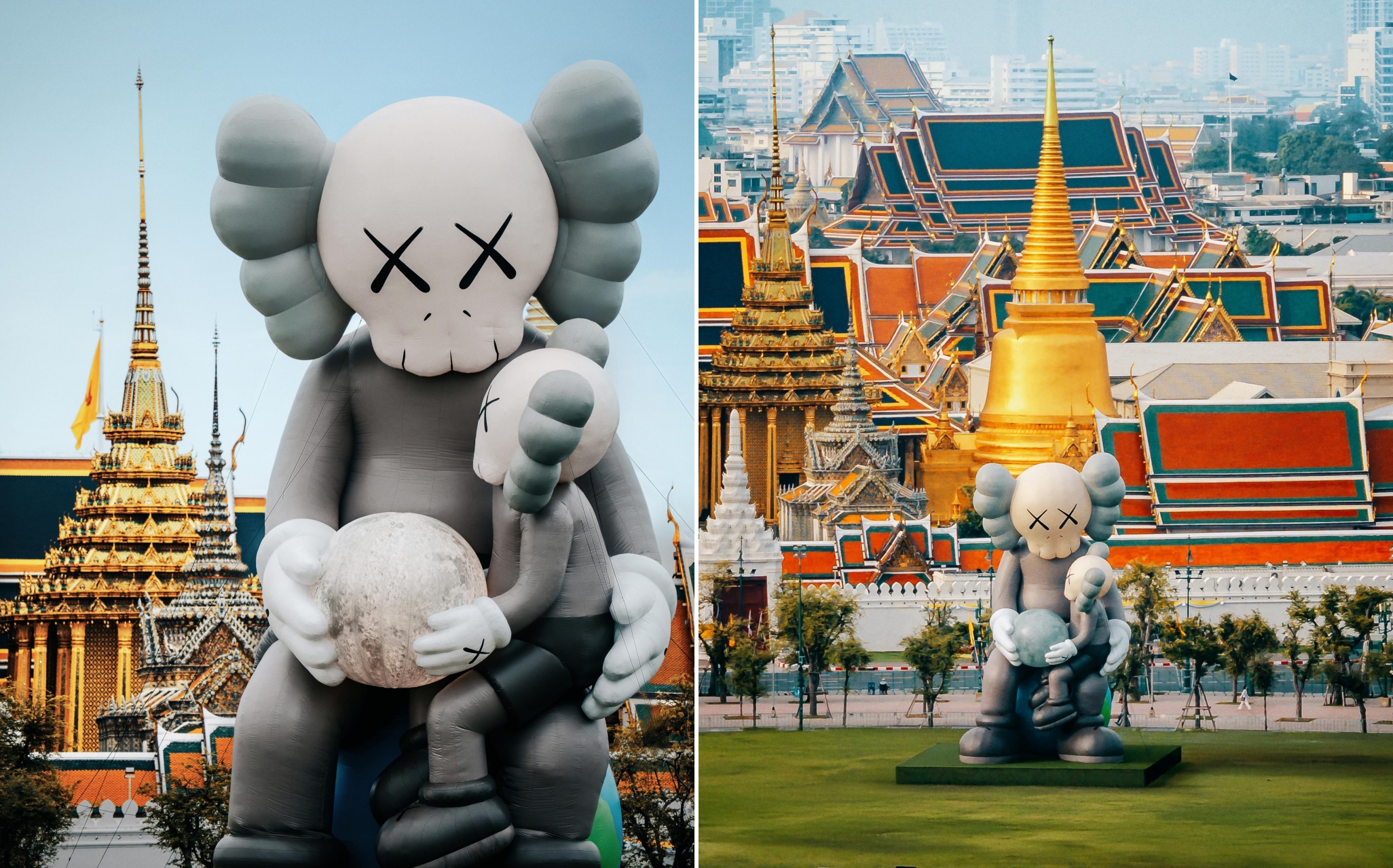 18米的KAWS COMPANION在皇家田廣場旁，與景色反差很大。（翻攝自IG/KAWS）