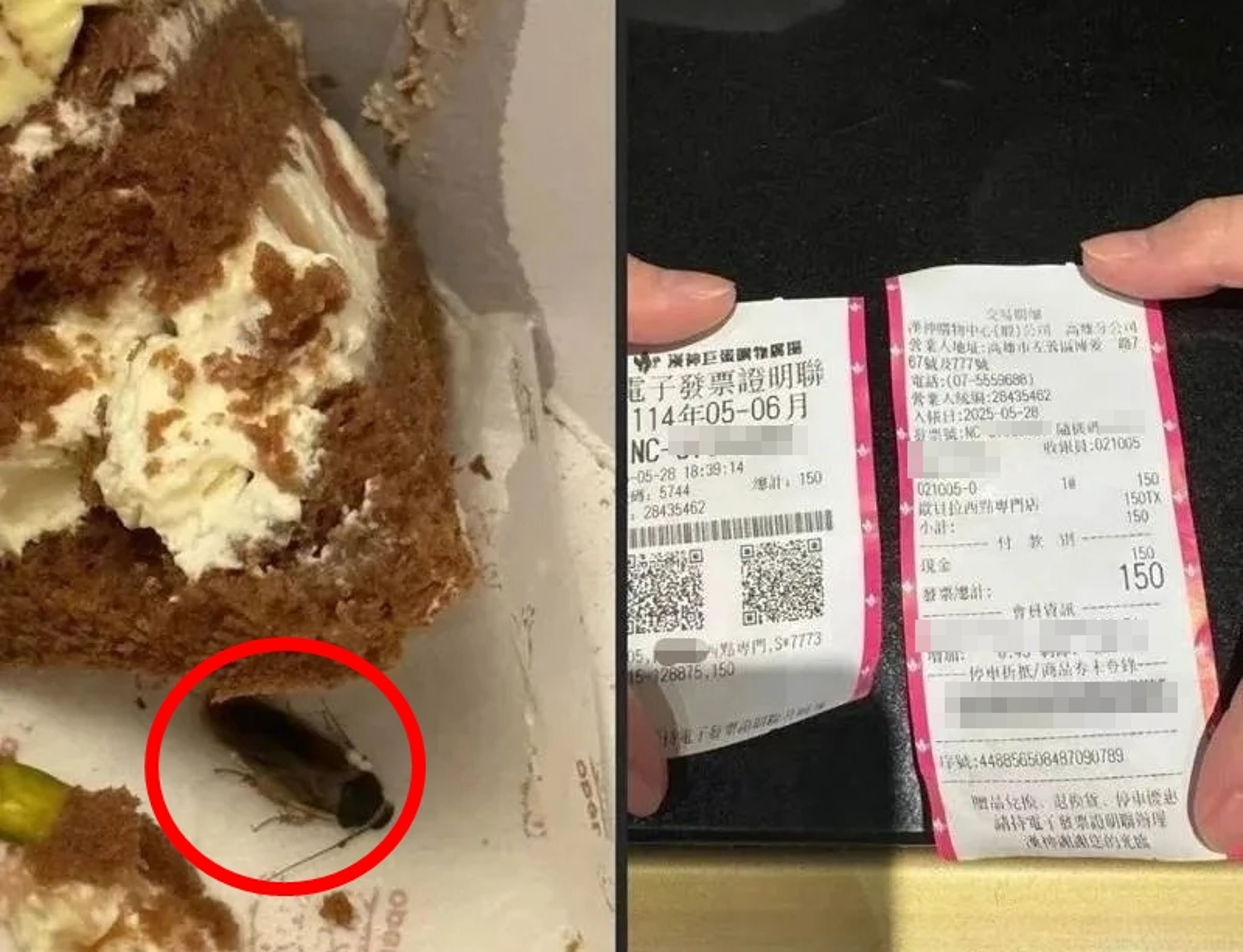 有網友爆料高雄知名甜點店的蛋糕竟有蟑螂。（翻攝自臉書@高雄點 Kaohsiungtien）