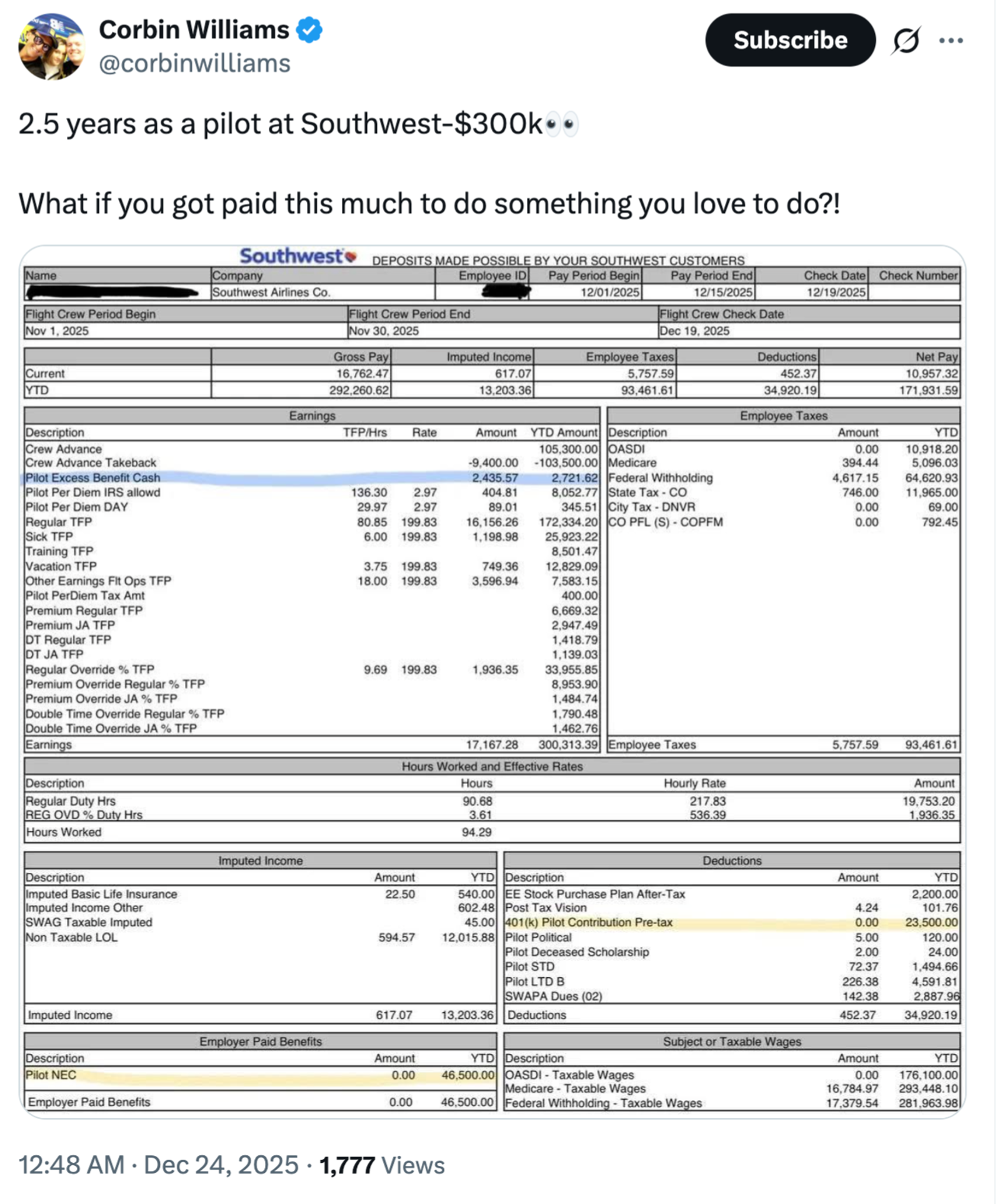一份西南航空機師的薪資單曝光，掀起熱議。（翻攝X@corbinwilliams）
