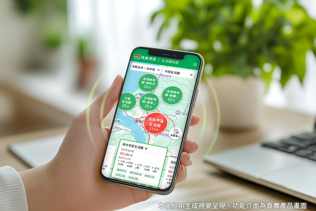 「生活圈找屋」以直覺式的情境互動地圖，整合生活圈資訊、房價趨勢、生活機能與市場變化等四大買房關鍵決策。（信義房屋提供）